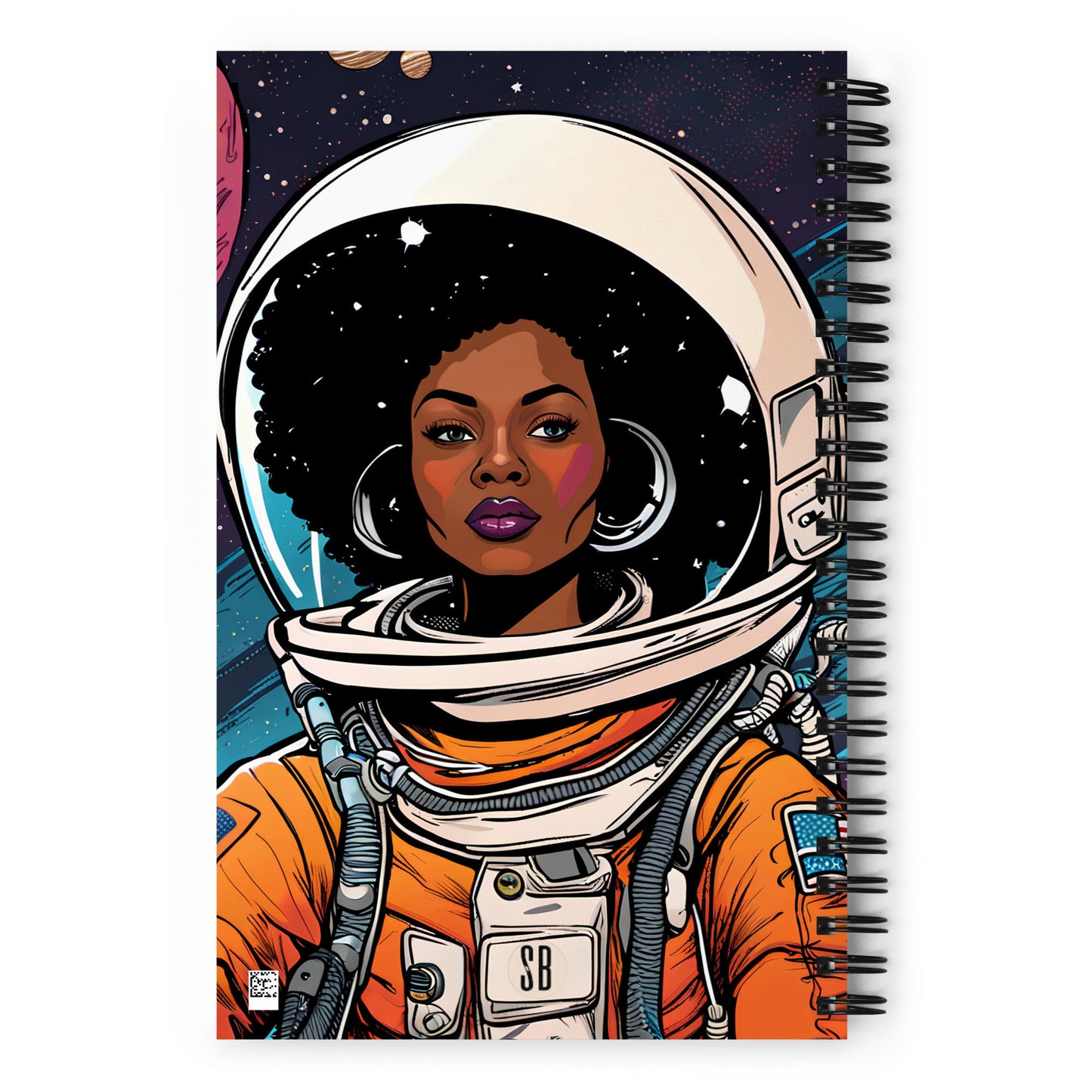 Spiral Notebook with Afro Futuristic Woman | Beautiful Black Woman Astronaut in Outer space Notepad | Space Age Aesthetic Journal Gift