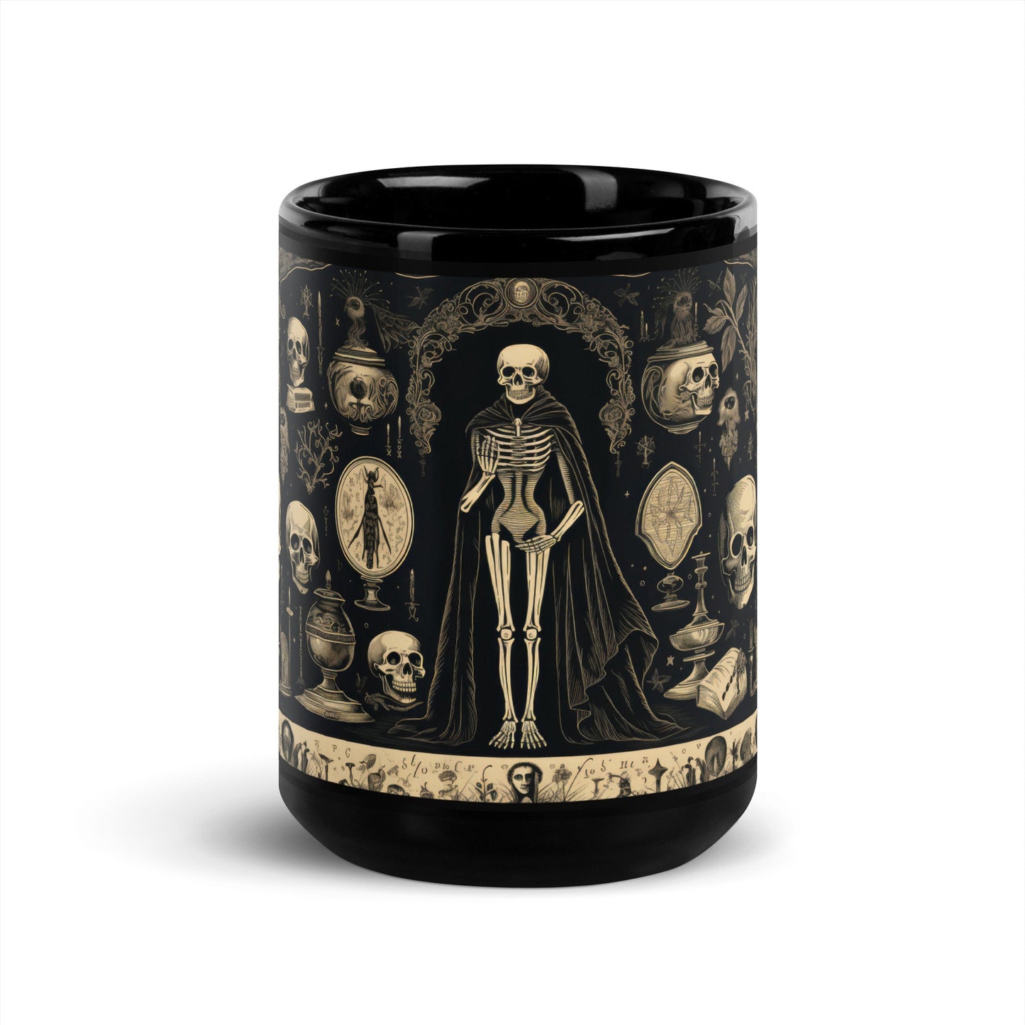 Black Glossy Skeleton Coffee Mug | 15 oz Large Coffee Spooky Mug | Black Goth Skull Halloween Mug Gift | Vintage Aesthetic Halloween Mug
