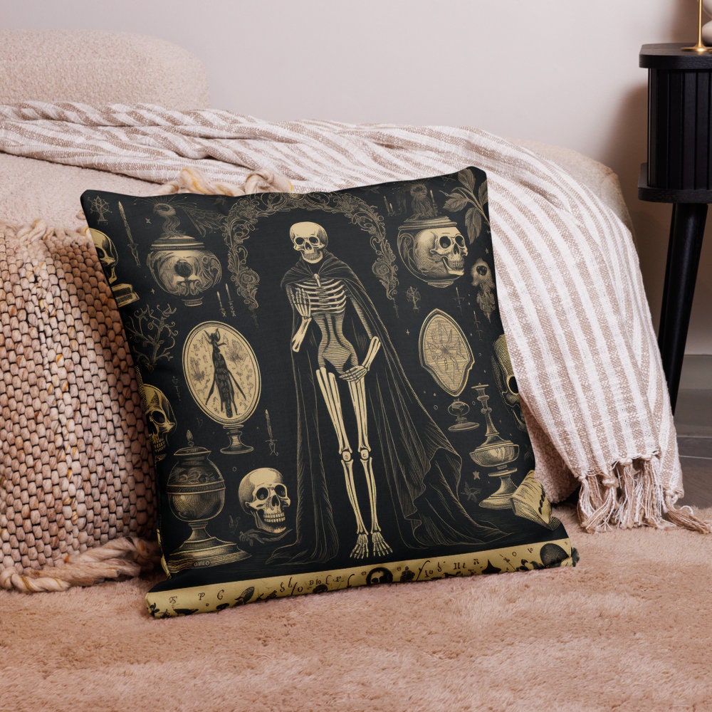 Premium Pillow with Skeleton | Spooky Skeleton Throw Pillow for Halloween Decor | Gothic Halloween Pillow Use for a Halloween Gift or Party