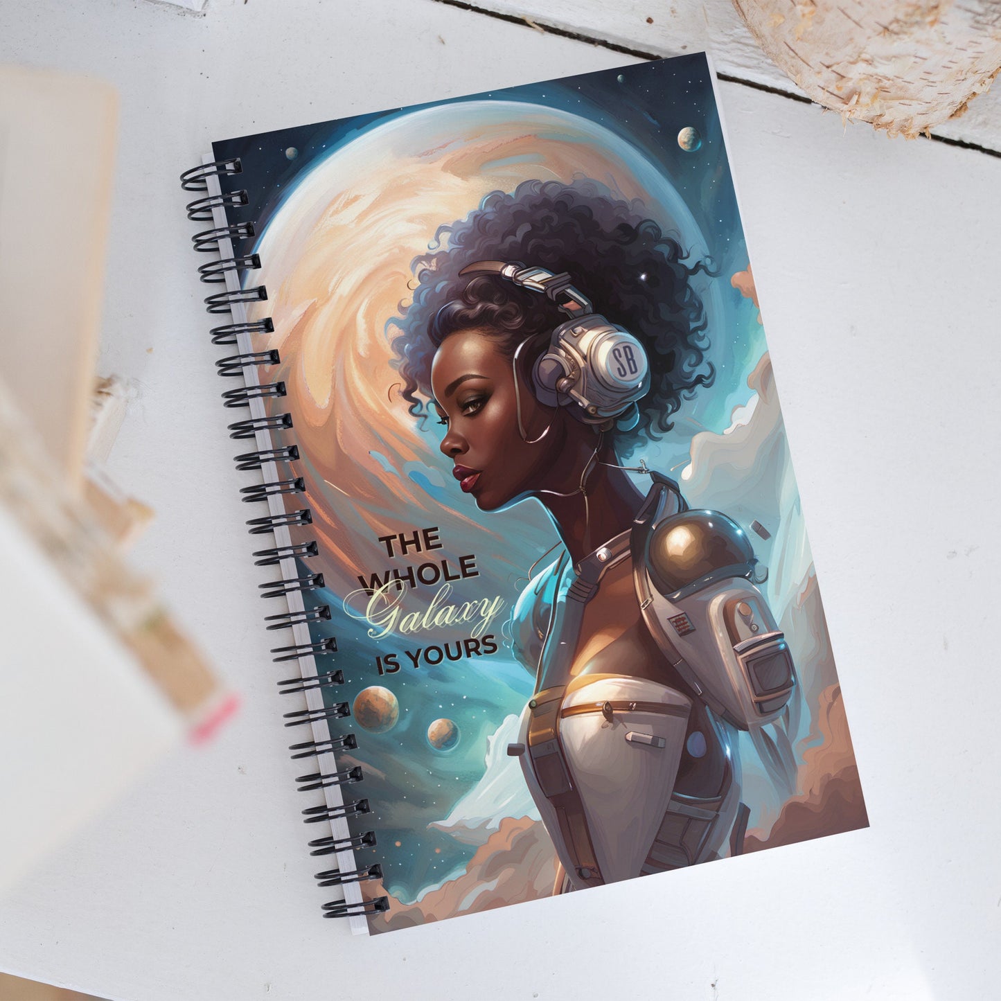 Beautiful Cyborg Notepad | Space Age Spiral Notebook Gift | Aesthetic Journal with Celestial Moon Background