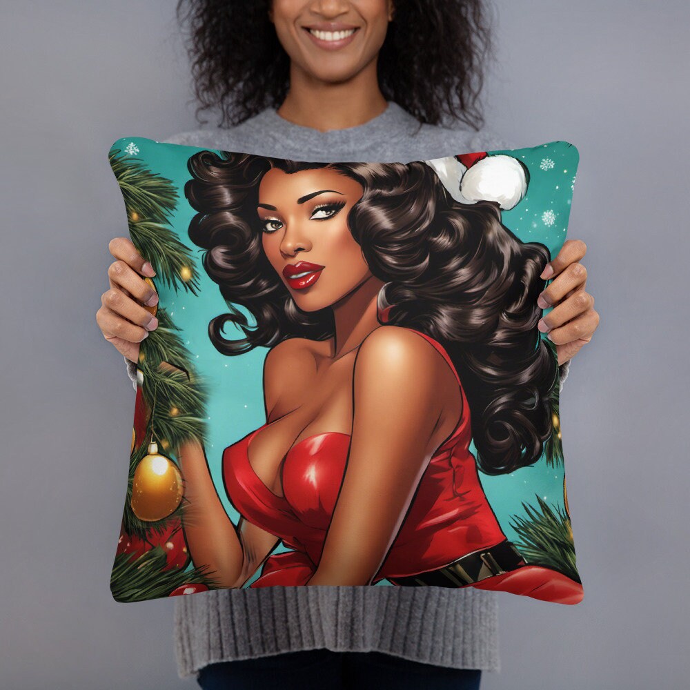 18" in x 18" in. Christmas Pillow with Retro Black Pin up Style | Afro Centric Christmas Decor for Fall | Black Girl Christmas Gift for Her