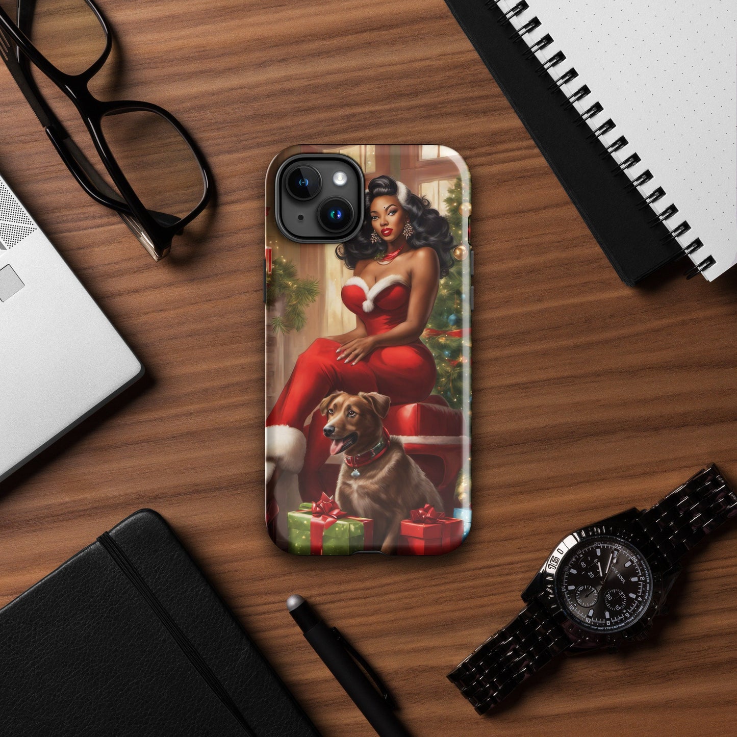 Tough Phone Case with Black Pin up with Dog Style Christmas Illustration | Afro Centric Phone Case | Black Girl Christmas Gift for Her