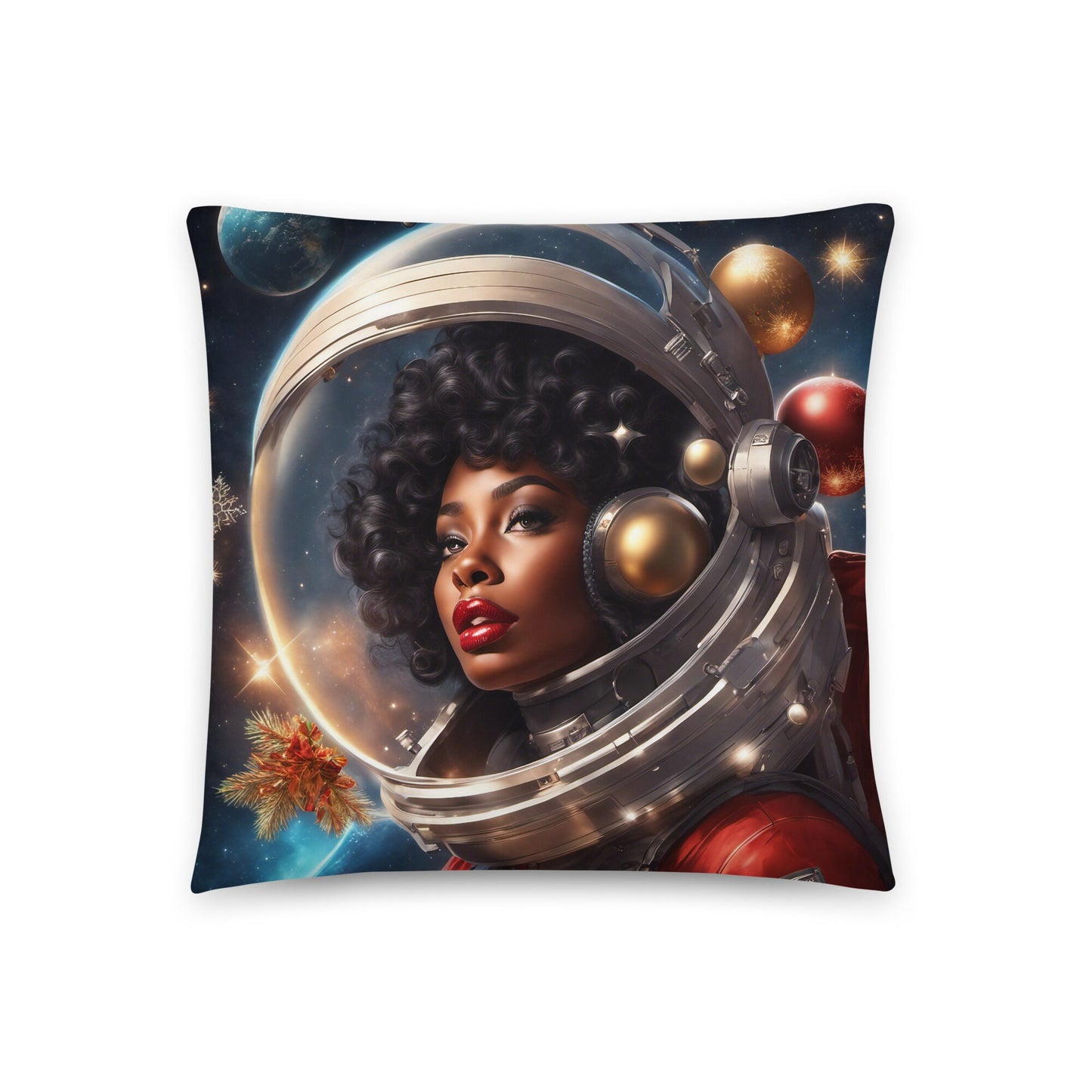 Christmas Pillow with Space Age Black Pin up Style | Afro Centric Christmas Decor for Fall | 18" x 18" in Throw Pillow Christmas Decor
