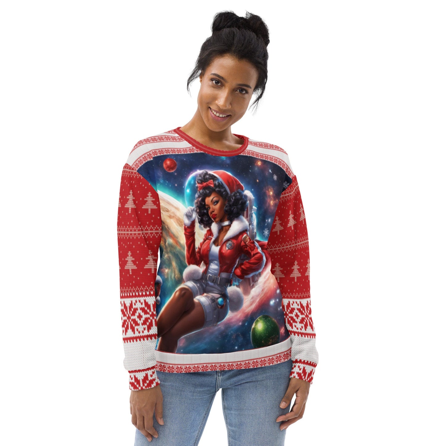 Red Ugly Christmas Sweatshirt Gift for Her | Black Girl Space Age Christmas Sweatshirt | Women's Ugly Christmas Sweater Design
