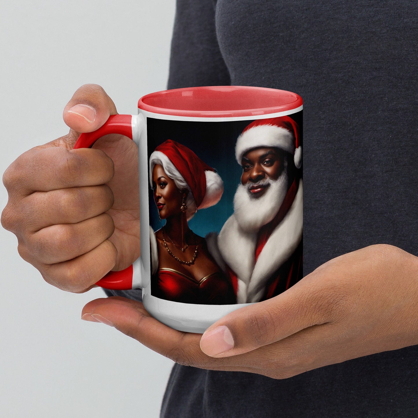 Black Santa Claus and Mrs. Claus Mug with Red Color Inside | Festive Coffee Mug for the Holidays |