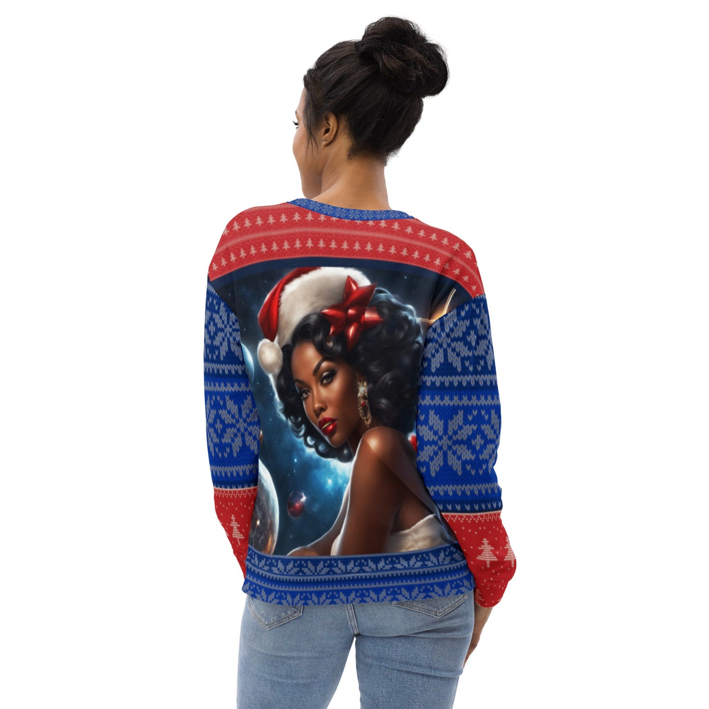 Red and Blue Ugly Christmas Sweatshirt Gift for Her | Black Girl Space Age Christmas Sweatshirt | Women's Ugly Christmas Sweater Design