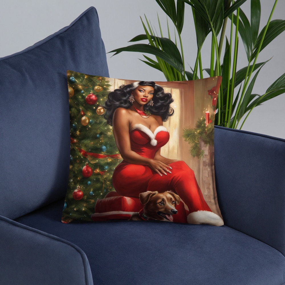 Retro Black Pin Up Girl Throw Pillow | Black Pin up with Dog Christmas Decoration | Unique Christmas Decor | Black Girl Christmas Gift