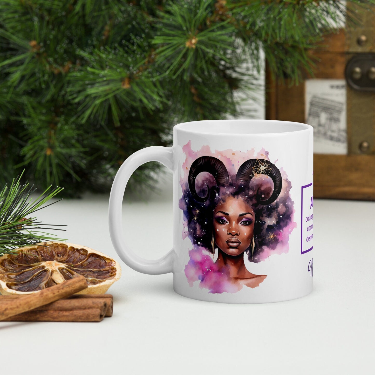 Personalized Zodiac Theme White glossy mug | Aries Astrological Sign Coffee Mug with Black Queen Illustration | Horoscope Mug Gift for Her