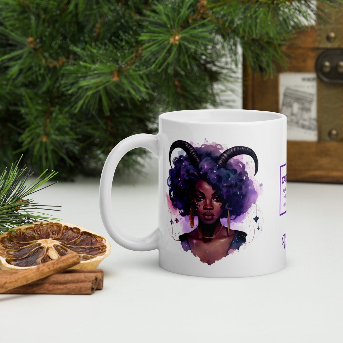 Personalized Zodiac White glossy mug | Capricorn Astrological Sign Coffee Mug with Black Queen Illustration | Horoscope Mug Gift for Her