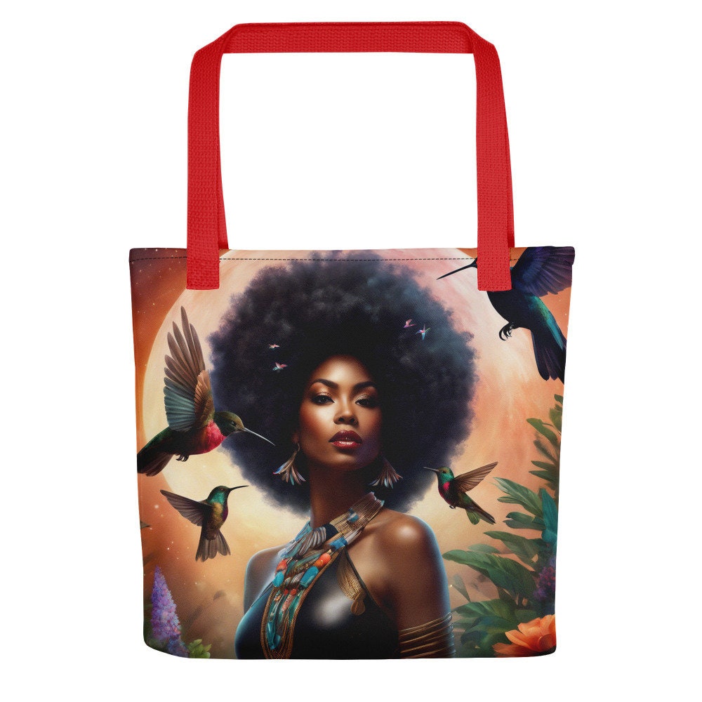 Black Queen Hummingbird Tote bag | Beautiful Aesthetic Tote Bag featuring Melanin Queen with Afro with Space and Hummingbird Illustration