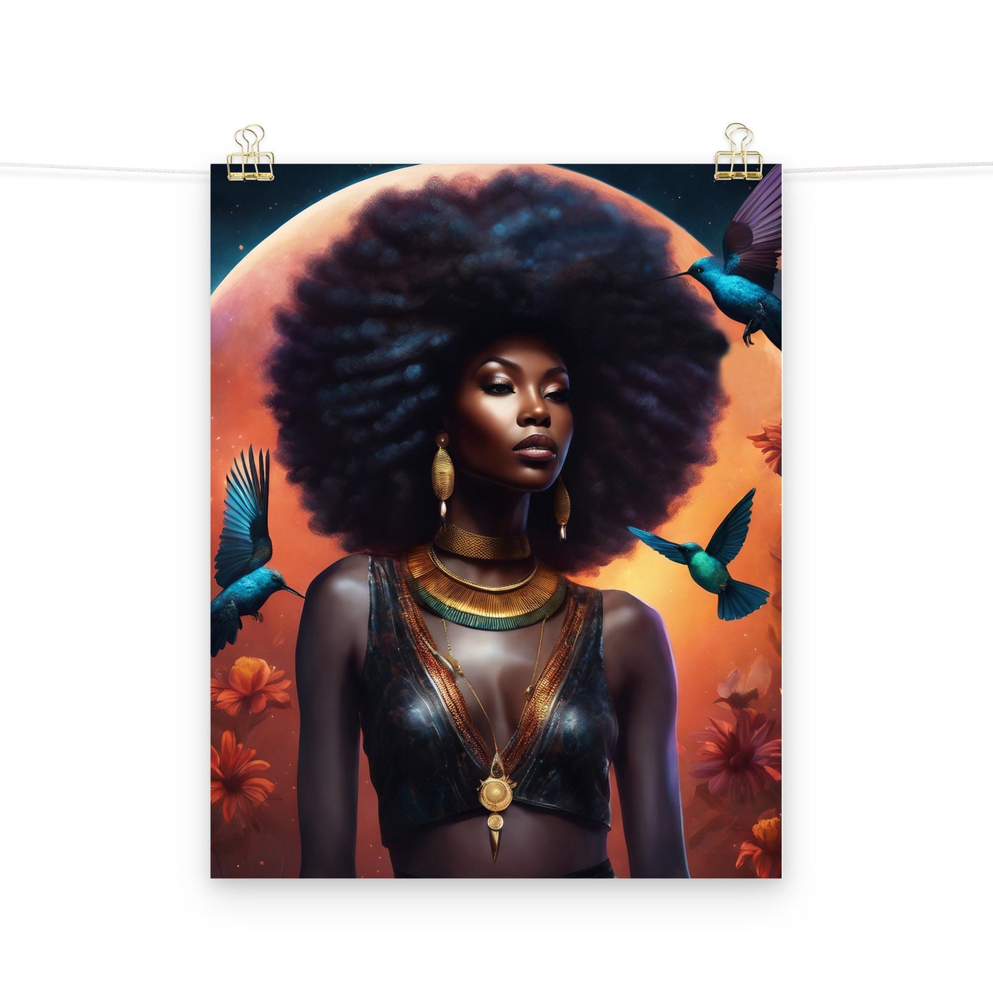 Beautiful Sun Kissed Black Queen With Hummingbirds Poster | Black Girl Magic Wall Art | Unique Wall Decor for Home or Office Great Gift