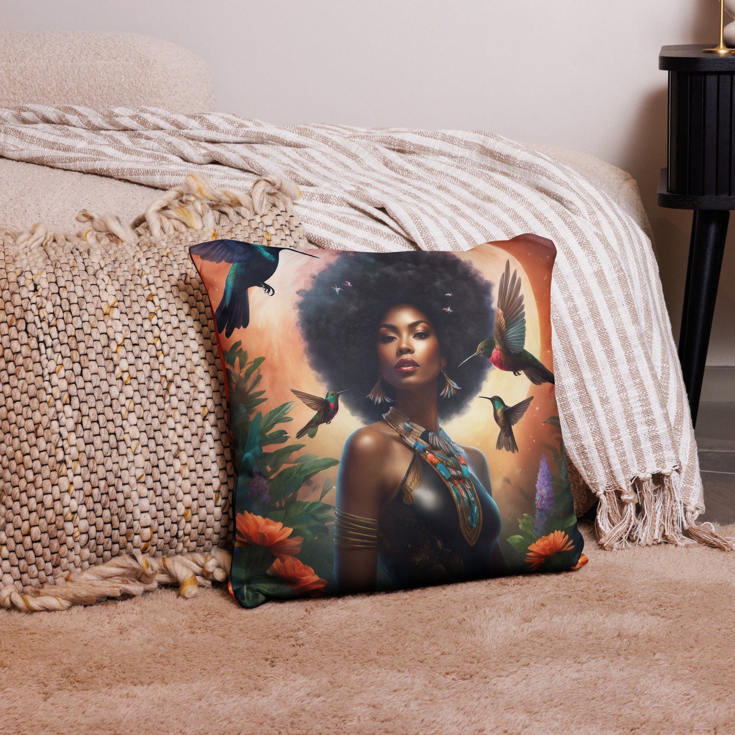 Black Queen Hummingbird Basic Pillow | Beautiful Aesthetic Pillow featuring Melanin Queen with Afro with Space and Hummingbird Illustration