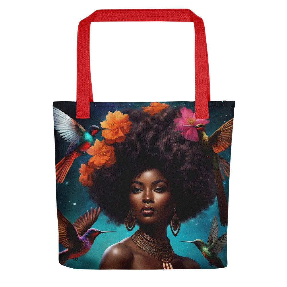 Black Melanin Queen Hummingbird Tote bag | Beautiful Aesthetic Tote Bag featuring Melanin Queen with Afro with Space and Hummingbird