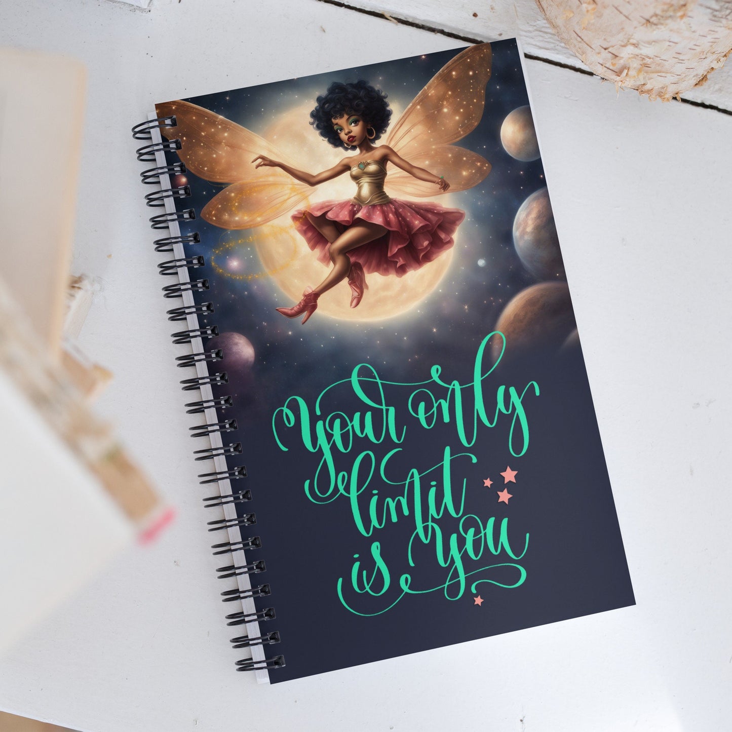 Black Fairy themed Spiral notebook | Floating Fairy Illustration Spiral Notebook | Stylish Fairy in Outerspace Journal Unique Gift for Her