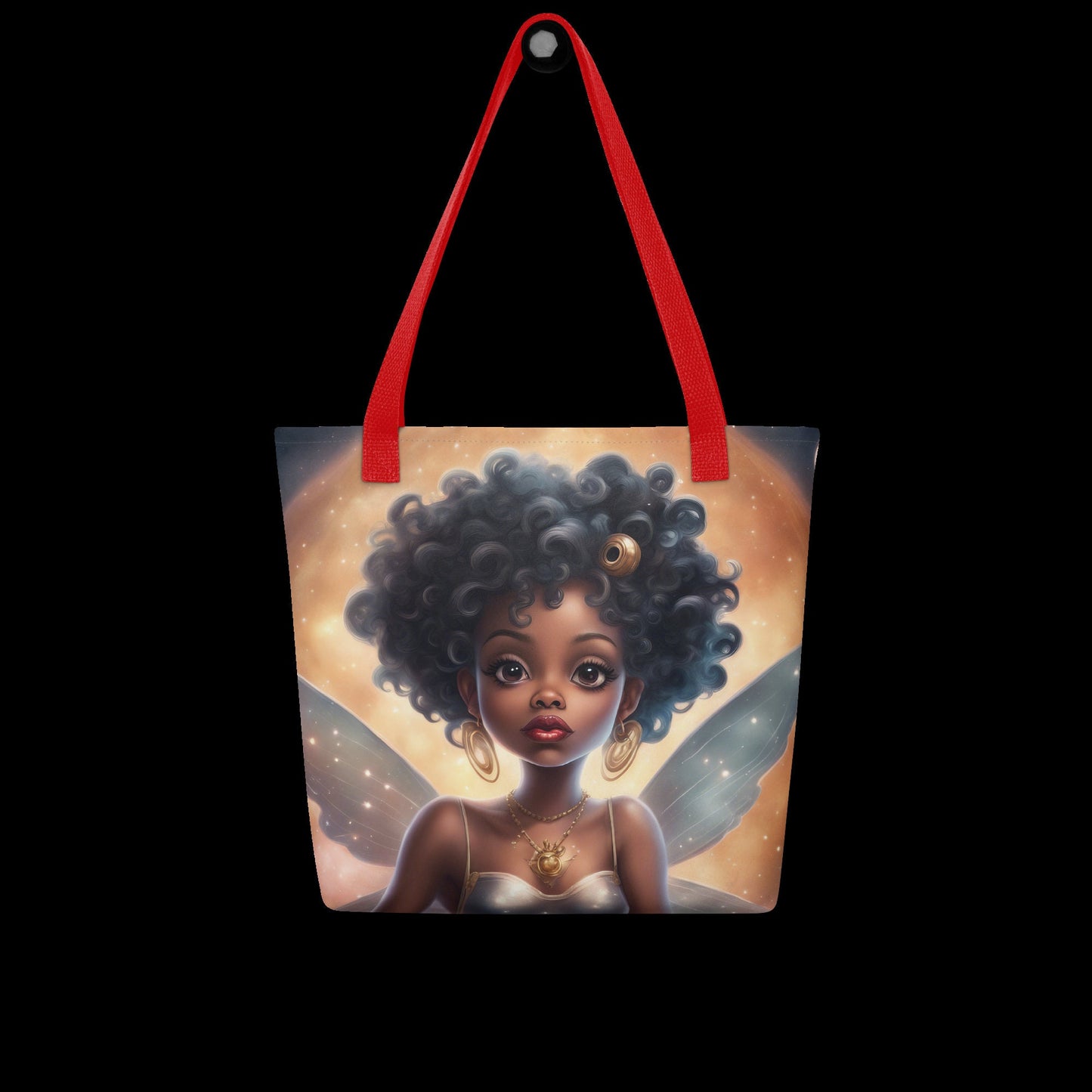 Black Fairy Themed Tote bag | Beautiful Aesthetic Tote Bag featuring Black Fairy Queen with Afro in Space Illustration
