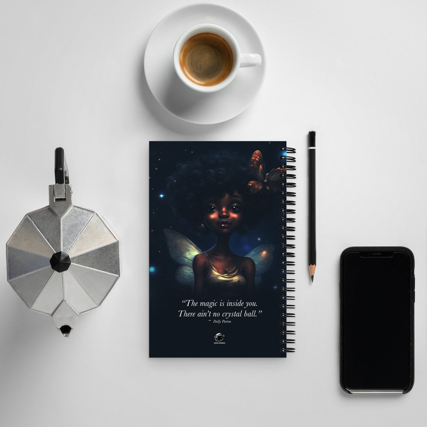 Fairy themed Spiral notebook | Fairy with Mushroom Illustration | Stylish Fairy in Outerspace Journal Unique Gift for Her