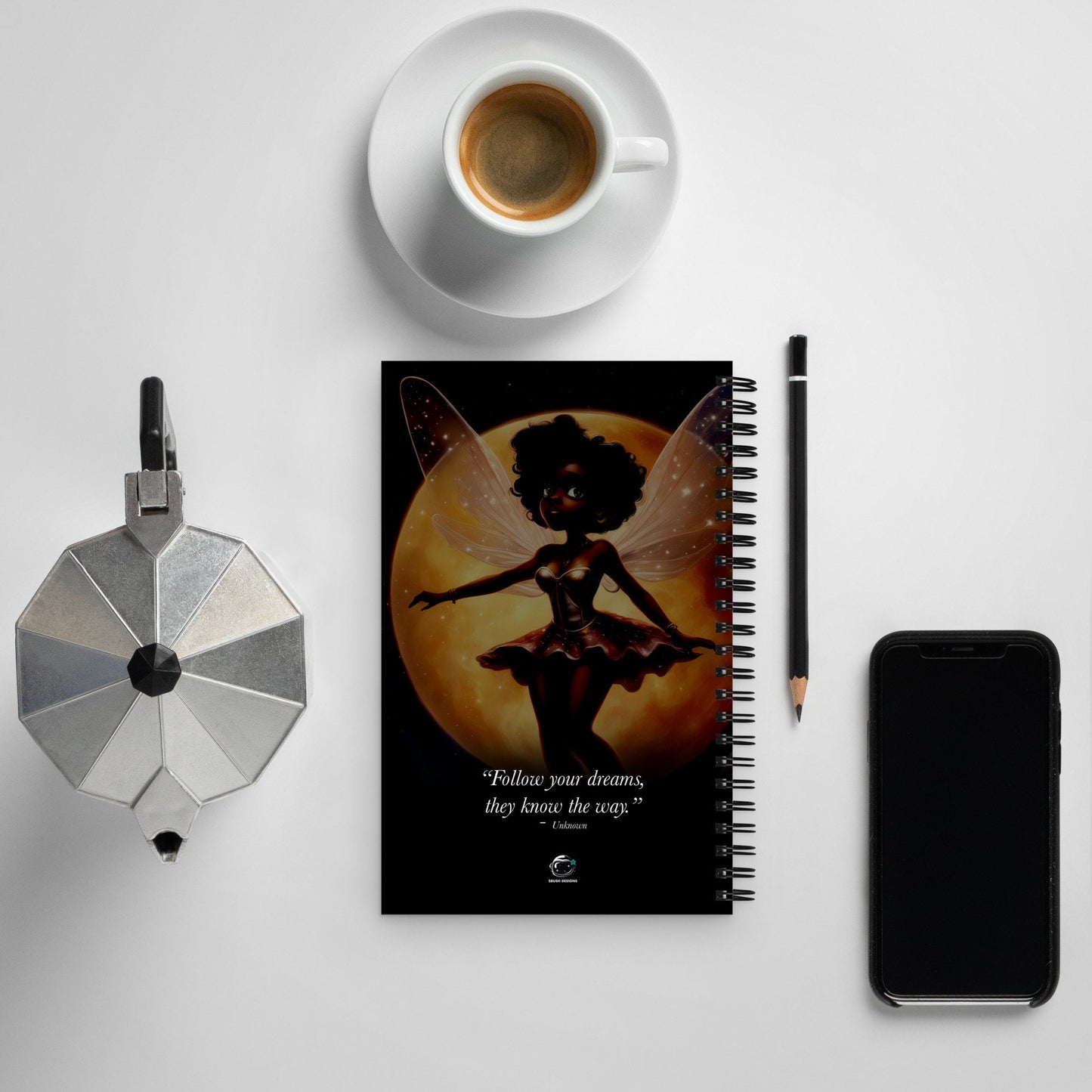 Black Tinker Fairy Spiral notebook | Fairy themed Spiral notebook | Stylish Fairy in Outerspace Journal Unique Gift for Her