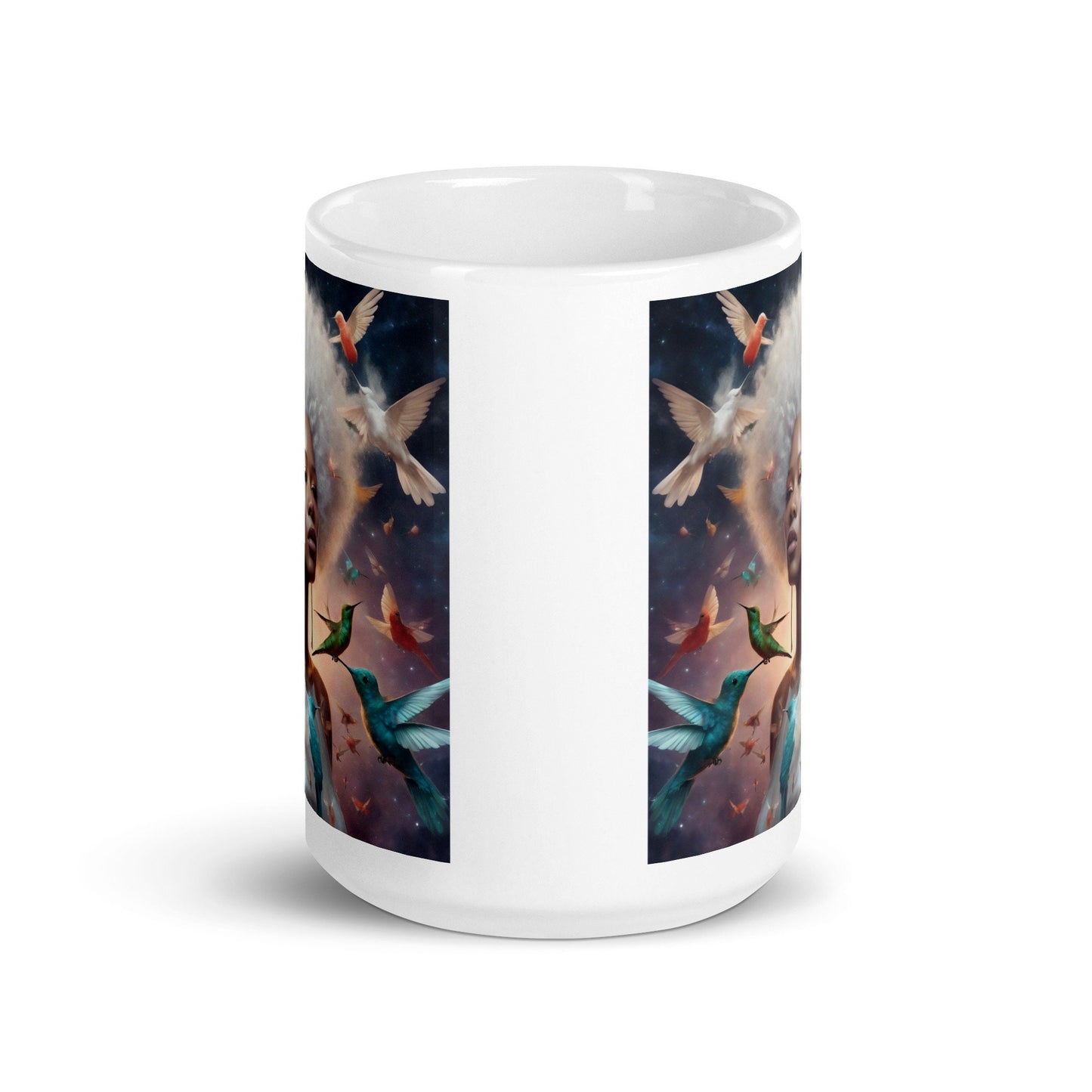 Silver Queen Hummingbird White Glossy Mug | Beautiful Aesthetic Mug with Melanin Queen with Afro with Space and Hummingbird Illustration