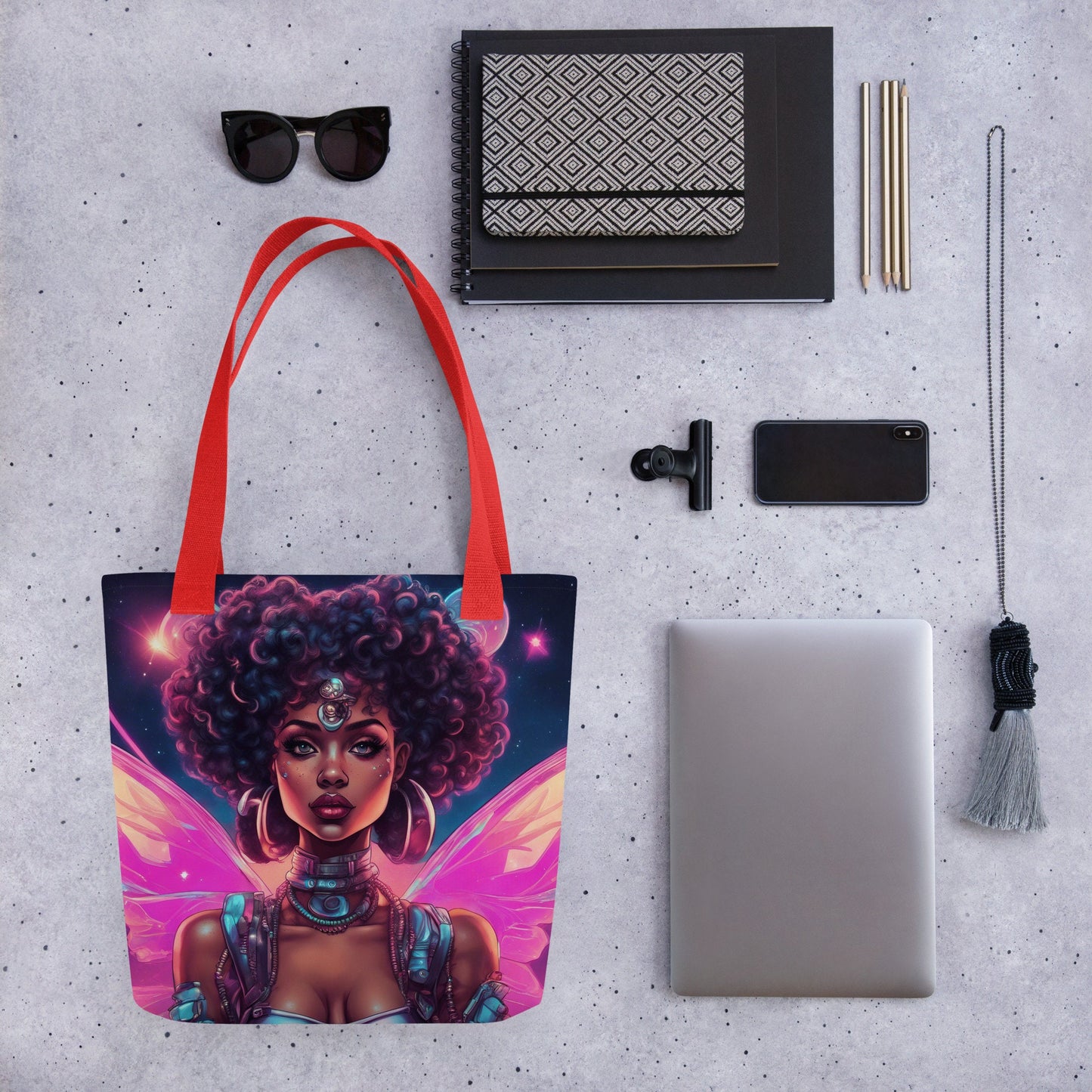Neon Fairy Space Age Tote bag | Beautiful Black Fairy Aesthetic Tote | Unique Tote Gift for Her
