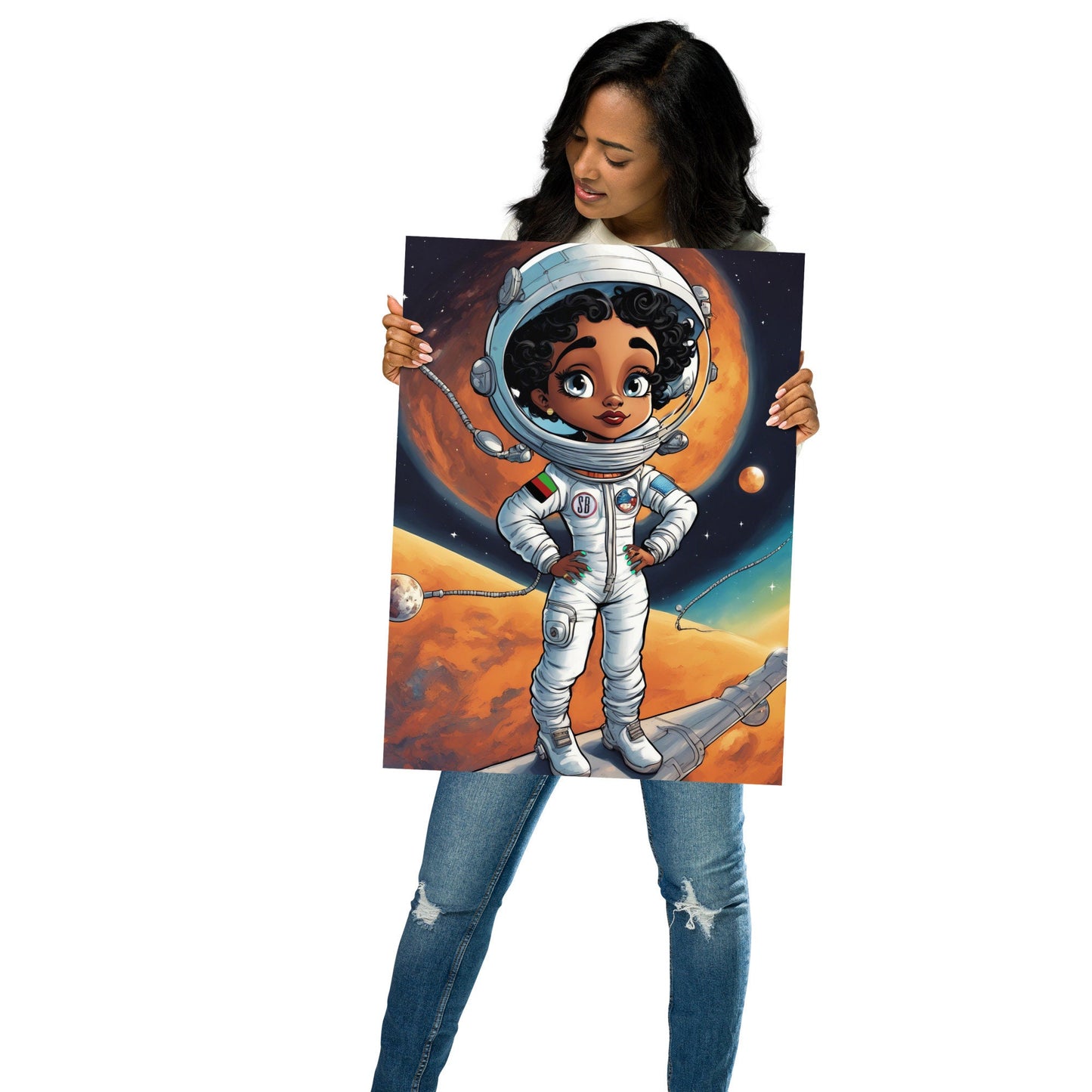 Cutsie Black Girl Astronaut Poster| Space Age Illustration Black Woman Wall Art | Black Girl Astronaut Unique Room Wall Decor for Him or Her