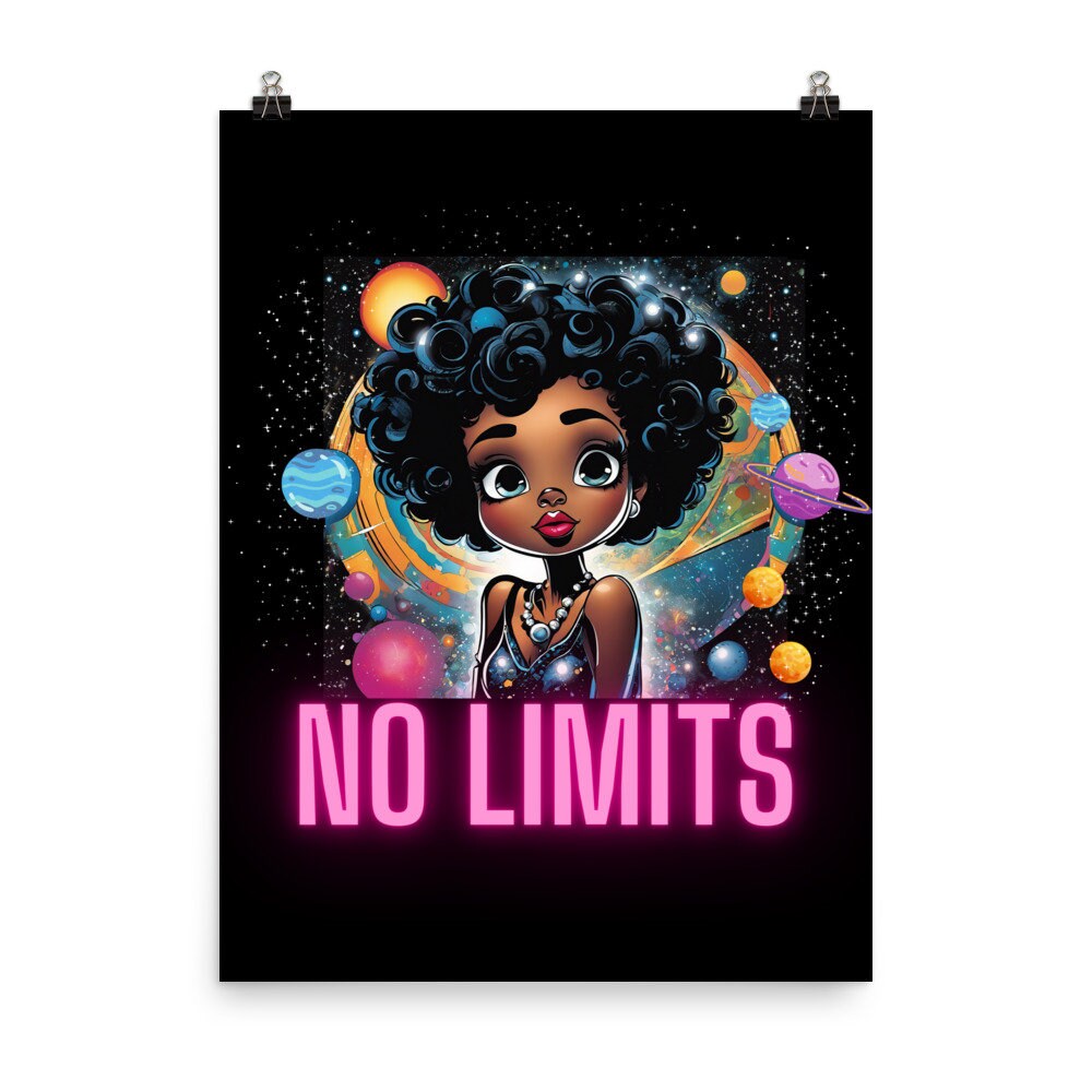 No Limits Designed Poster | Neon Letters Inspirational Wall Art | Space Themed Poster with Cute Black Girl Design | Home Decor