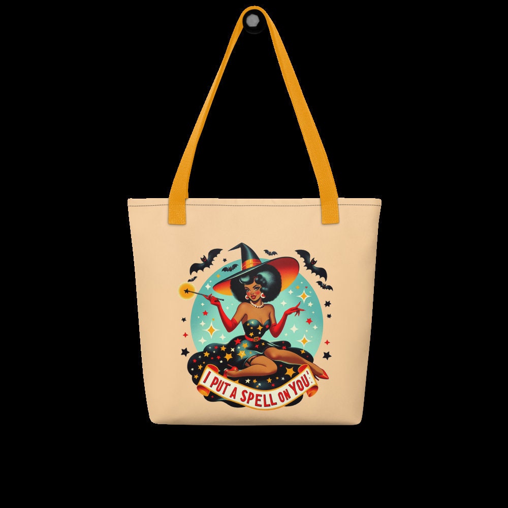 Halloween Themed Witch Tote bag | Vintage Pin Up Witch Bag | Retro Halloween Tote | Black Pin Up Aesthetic Bag | I Put A Spell on You Tote