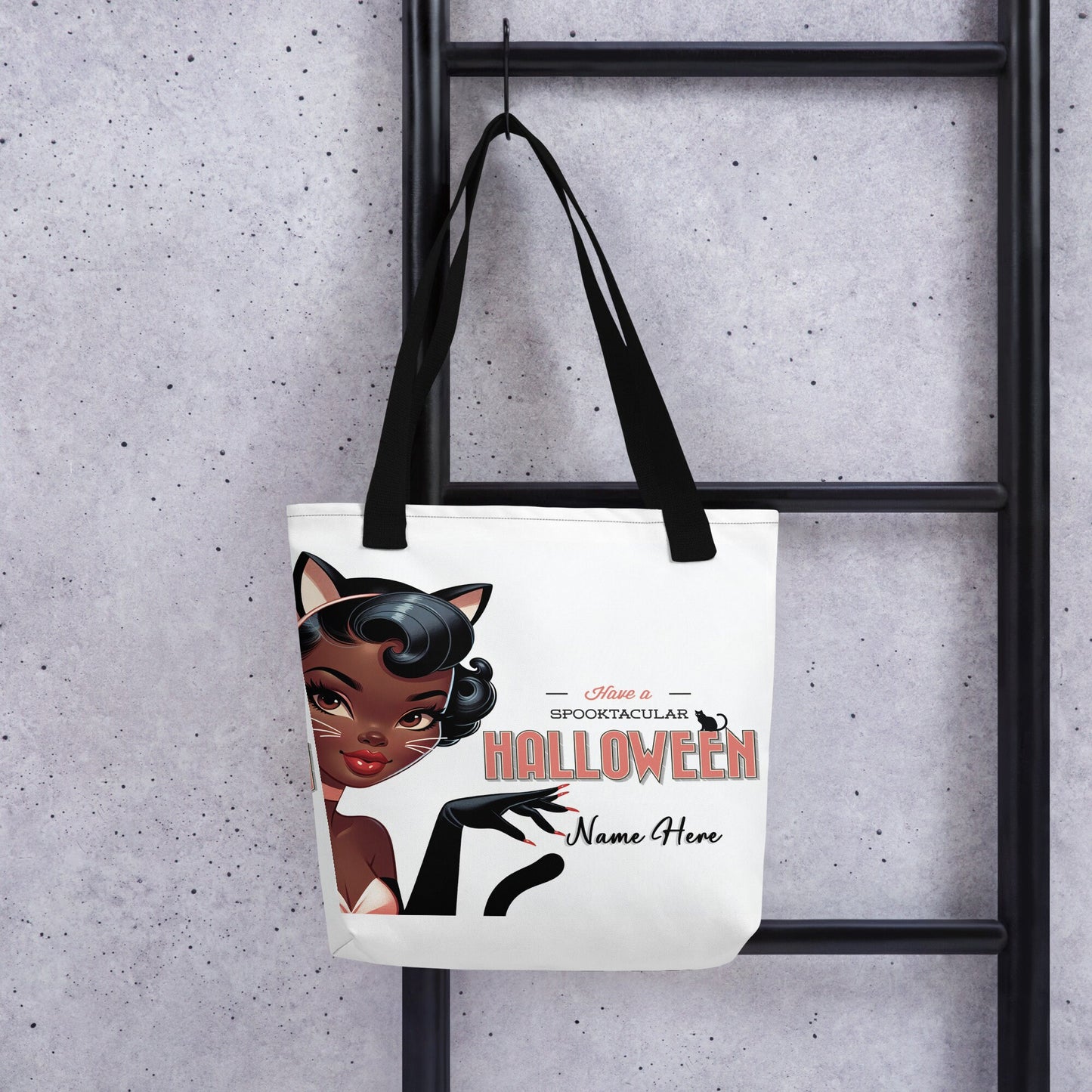 Happy Halloween Sexy Black Pin Up in Black Kitty Costume Tote bag | Personalized Halloween Aesthetic Tote | Retro Black Woman Pin Up Tote