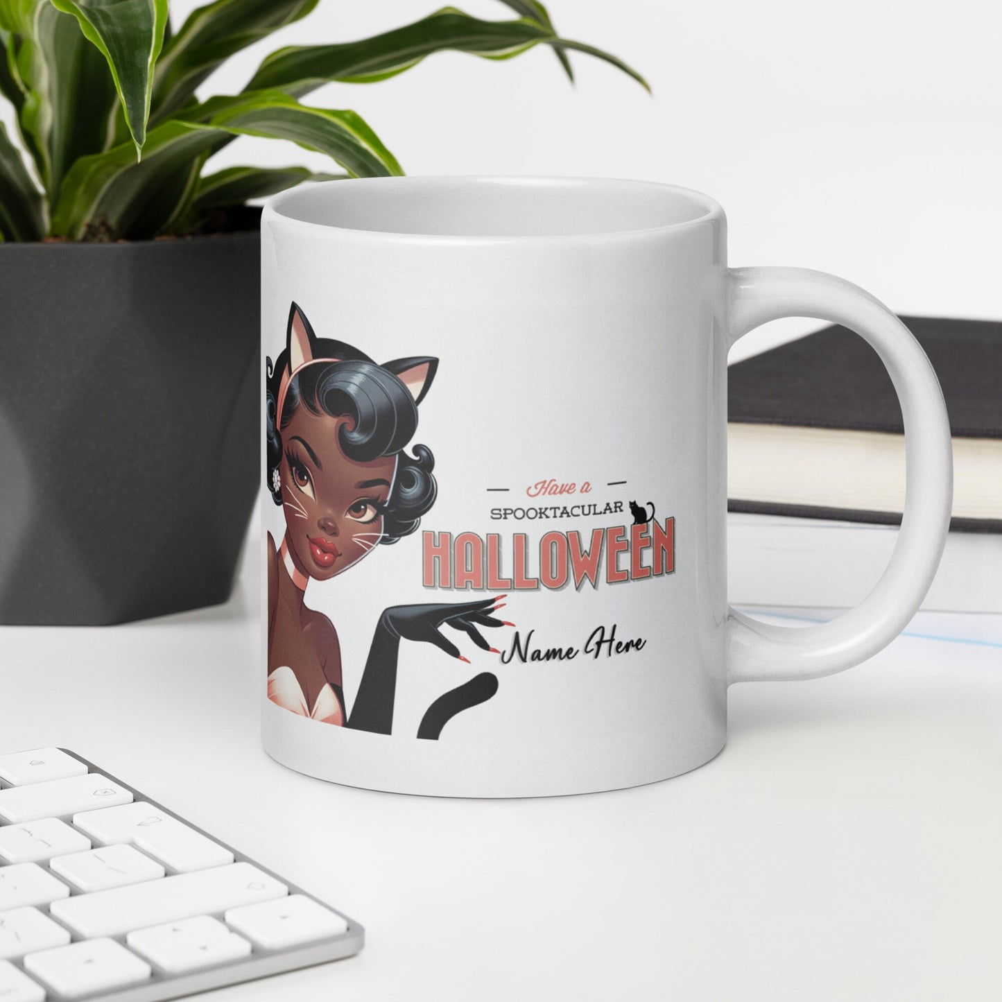Happy Halloween Sexy Black Pin Up in Black Kitty Costume White glossy mug | Personalized Halloween Aesthetic Mug | Retro Black Pin Up Mug