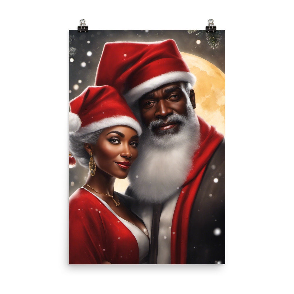 Black Santa and Mrs Claus Printed Artwork | Modern Black Santa and Mrs. Claus Christmas Wall Art | Wall Decor for the Holidays