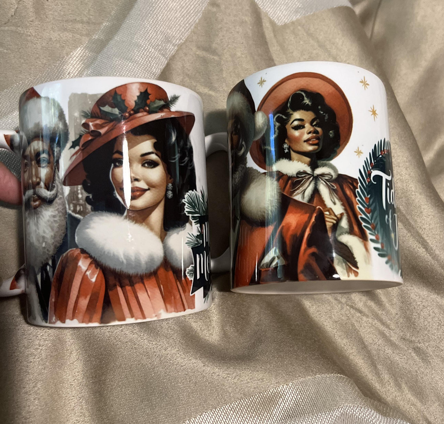 Modern Dapper Santa and Beautiful Mrs. Claus Mug with Merry Moments| Beautiful Modern Black Santa and Mrs. Claus Illustrated on 12 oz Mug.