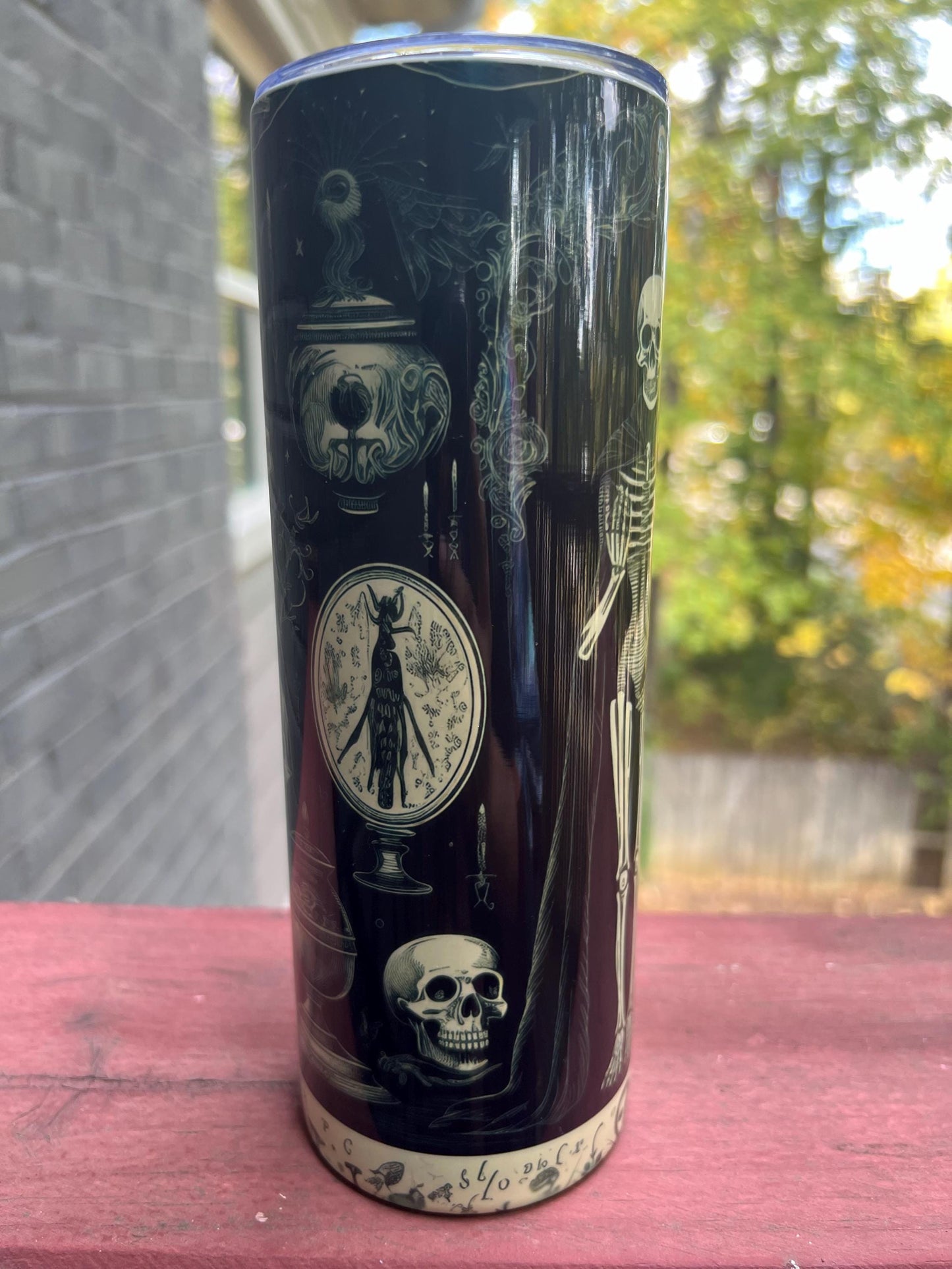 DAMAGE DISCOUNT - Goth Skeleton Tumbler | 20oz Spooky Tumbler | Black Goth Skull Halloween Gift | Vintage Themed Halloween Aesthetic Gift