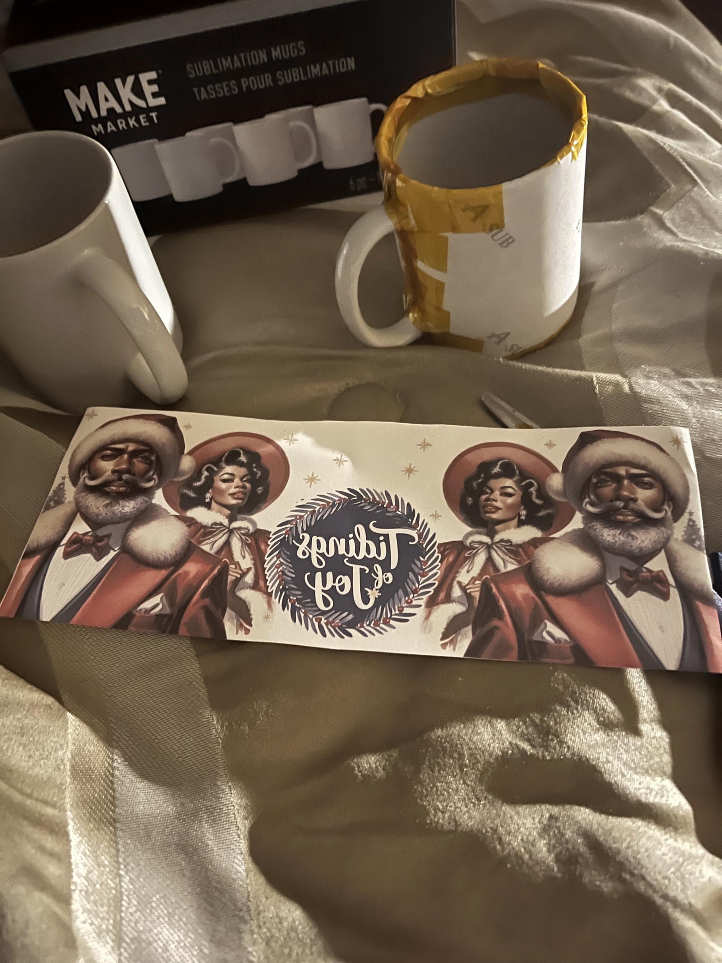 Modern Dapper Santa and Beautiful Mrs. Claus Mug with Tidings of Joy | Beautiful Modern Black Santa and Mrs. Claus Illustrated on 12 oz Mug.