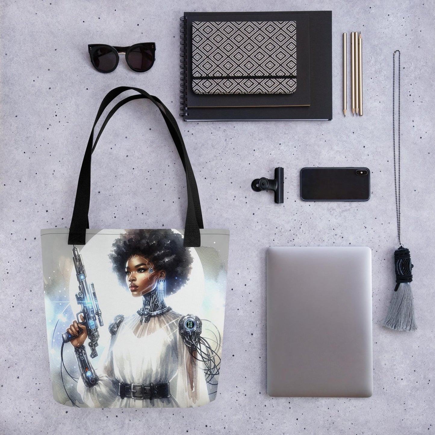 Futuristic Handgun Afro-Futuristic Cyborg Tote bag |Aesthetic Tote with Melanin Queen with SciFi Illustrations for Black Women in tech Gift