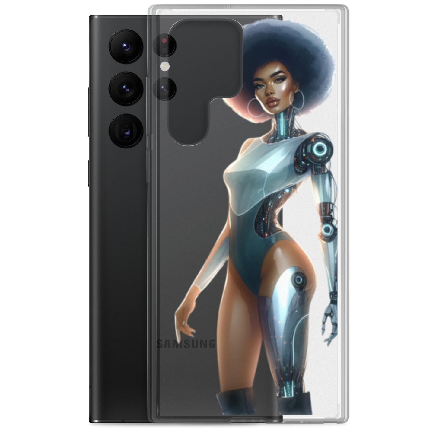 Bionic Afro Futuristic Woman iPhone or Samsung Case | Cyborg African American Woman Featured on Clear Phone Case | Unique Phone Case