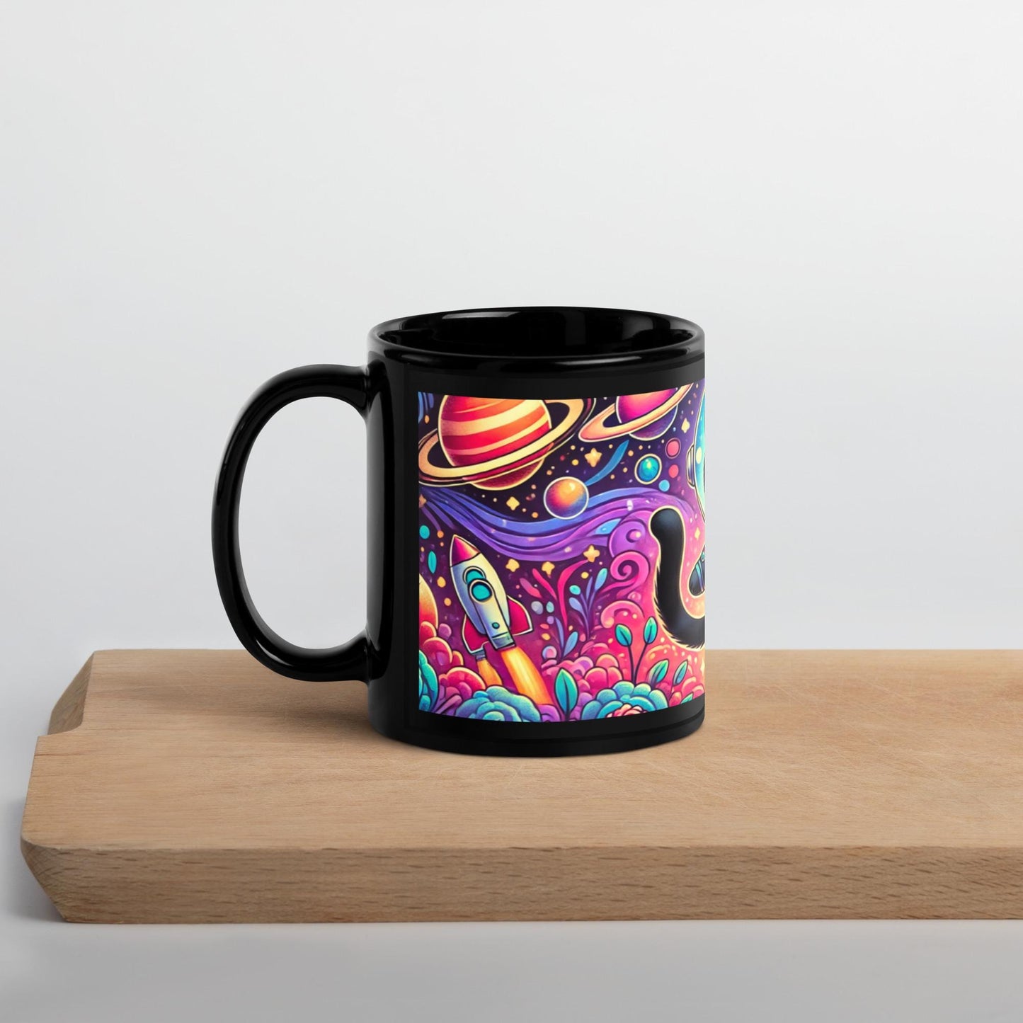 Colorful Cosmic Kitty Black Glossy Mug | Super CUTE Mug with Vibrant colors for Cat Moms or Cat Dads | Black Cat Lover Gift | HANDWASH ONLY