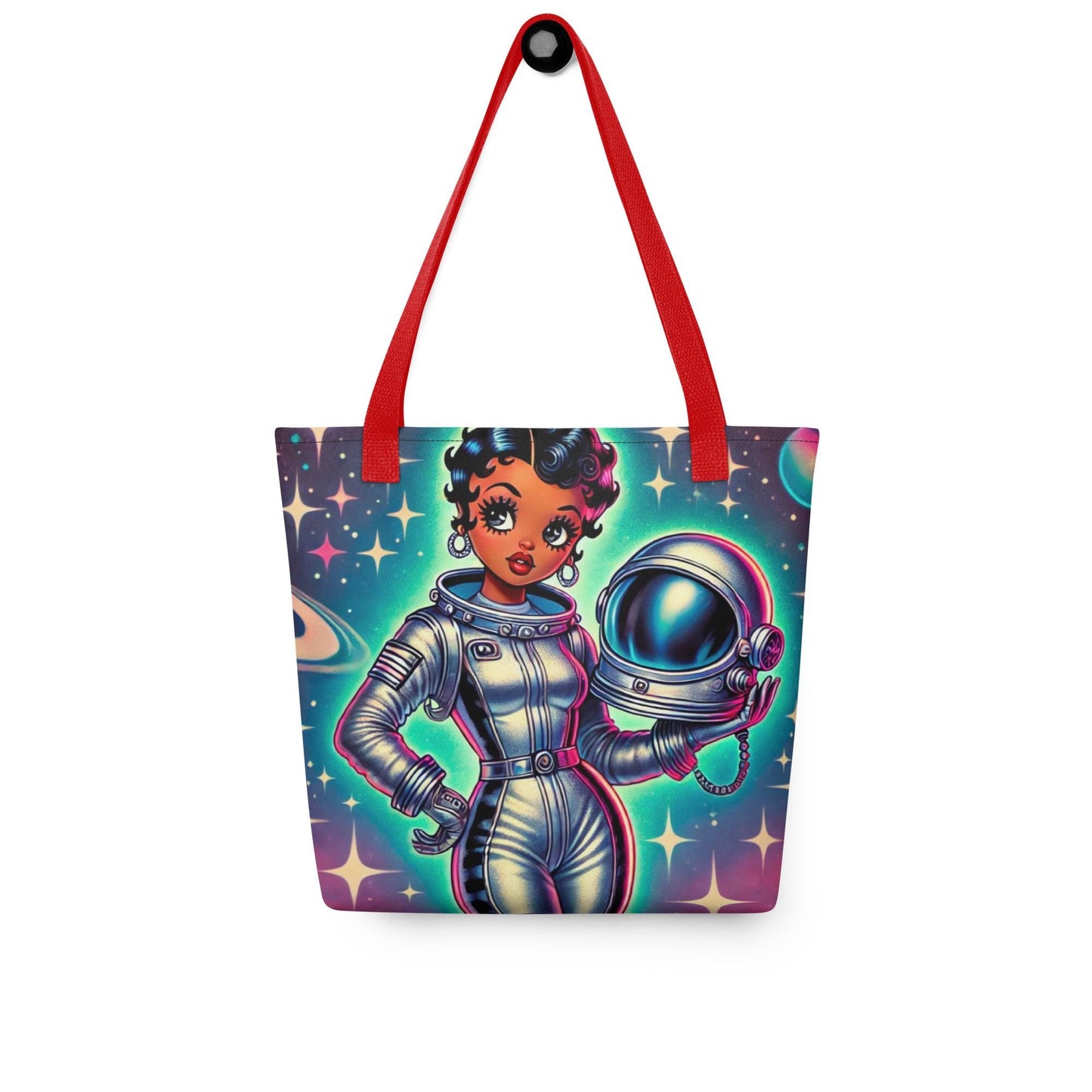 Space Age Black Boop Like Character Colorful Tote | Unique Trending Black Boop Gift Bag | Durable African American Astronaut Tote Bag