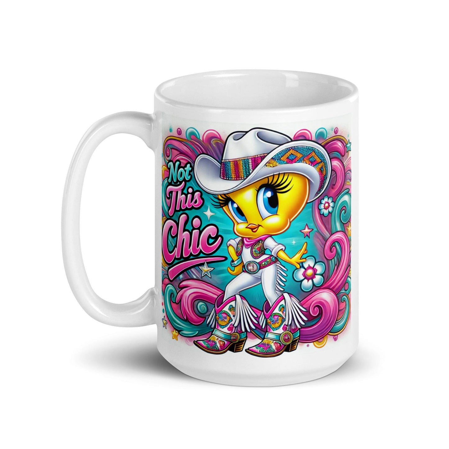Colorful Cowgirl Tweety Bird Inspired Character White glossy mug | Sassy Tweety Inspired Character Mug Great Gift for Tweety Bird Lovers