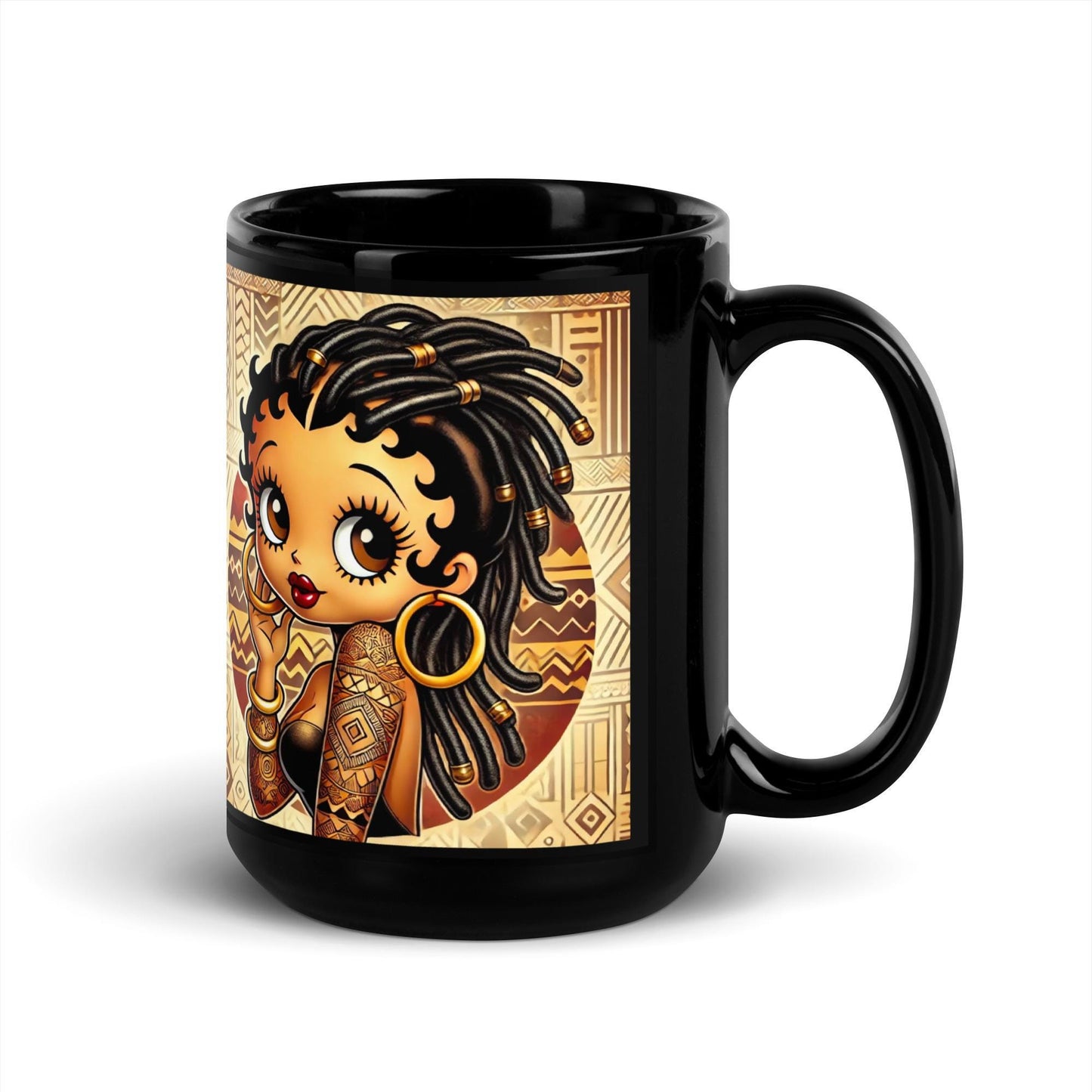 Cute African American Black Boop Like Character with Locs on Black Glossy Mug | Unique Boop Mug Gift with African Motif HANDWASH ONLY