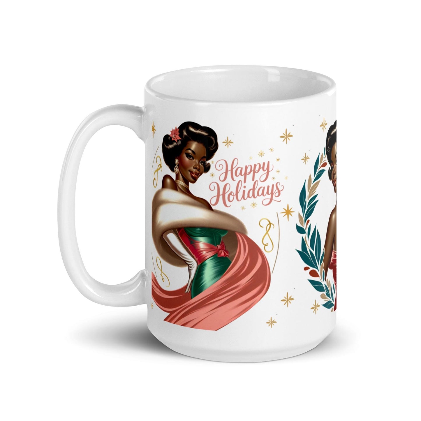 Beautiful Vintage design with African American Lady | Black Art for the Holidays on a White glossy mug | Black Glamour | Retro Christmas Mug