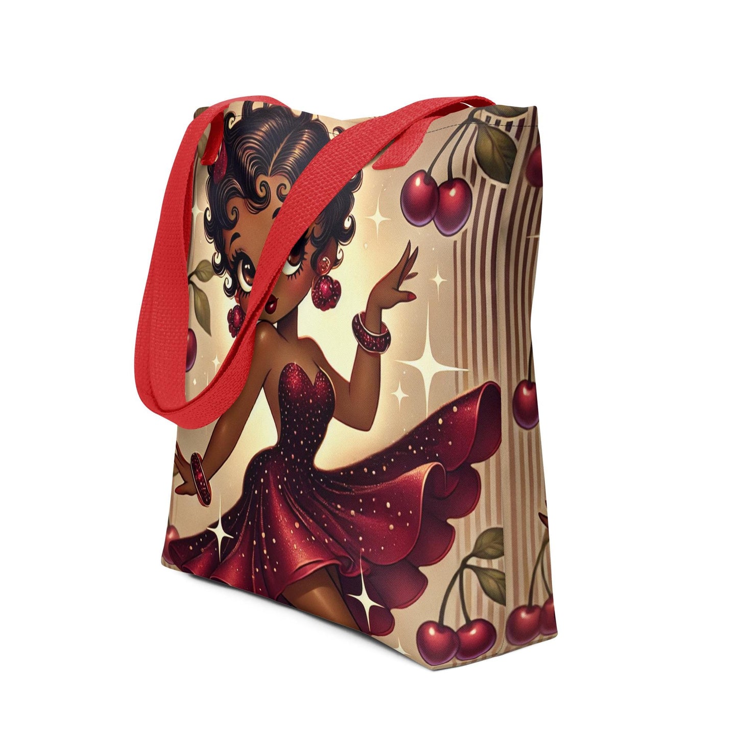 Melanin Beauty Dancing with Cherry Theme Tote bag | Beautiful Black Betty Boop Bag for Cherry and Betty Boop Lovers on a Durable Tote
