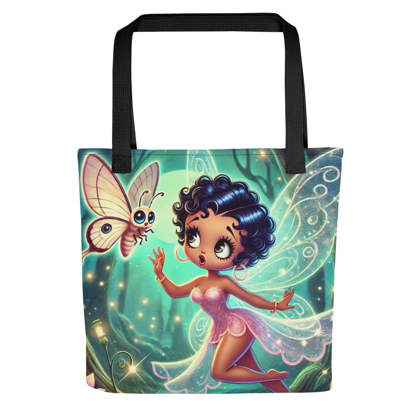 Beautiful Black Fairy in Pink Unique Tote| Black Fairy in Mythical Forest with Lunar Moth Tote bag | Black Girl Fantasy Art