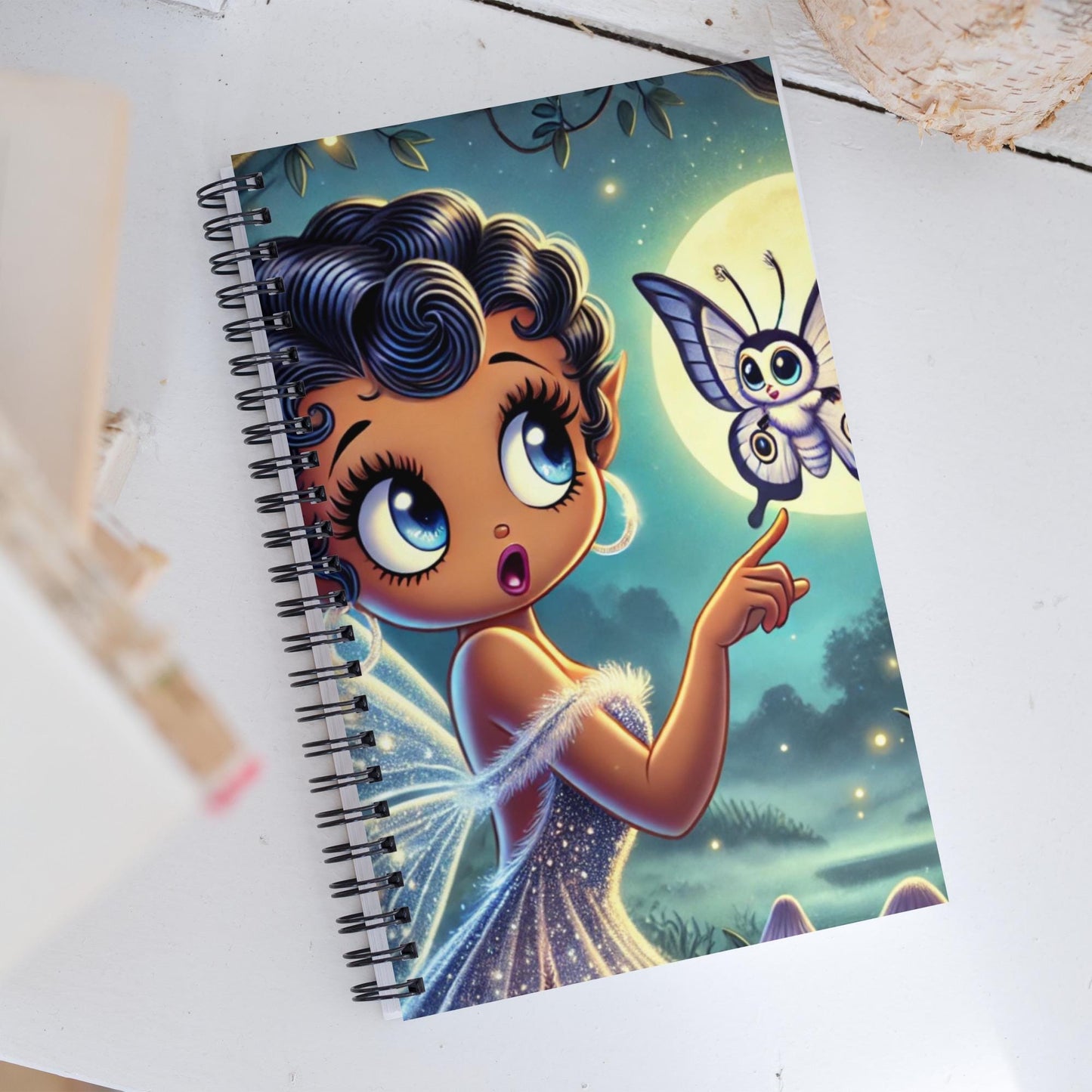Beautiful Black Fairy in Purple Unique Spiral Notebook | Black Fairy in Mythical Forest with Lunar Moth Spiral Notebook
