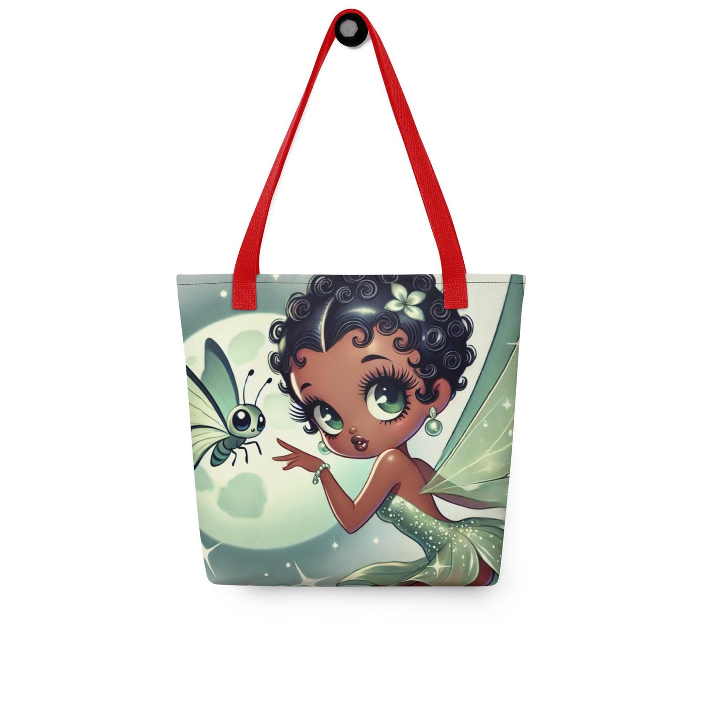 Beautiful Black Fairy in Green Unique Durable Tote | Black Fairy in Green Mist Mythical Forest with Lunar Moth Bag