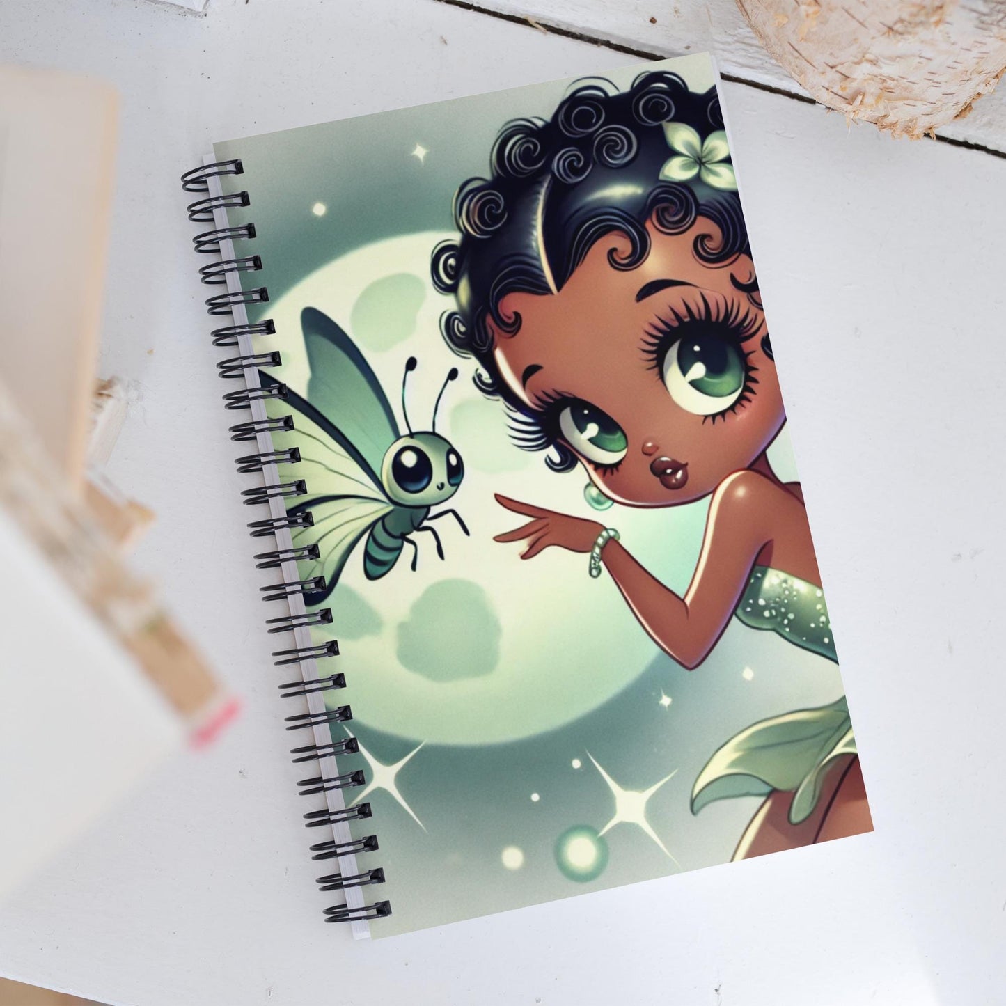 Beautiful Black Fairy in Green Unique Spiral Notebook | Black Fairy in Green Mist Mythical Forest with Lunar Moth Journal