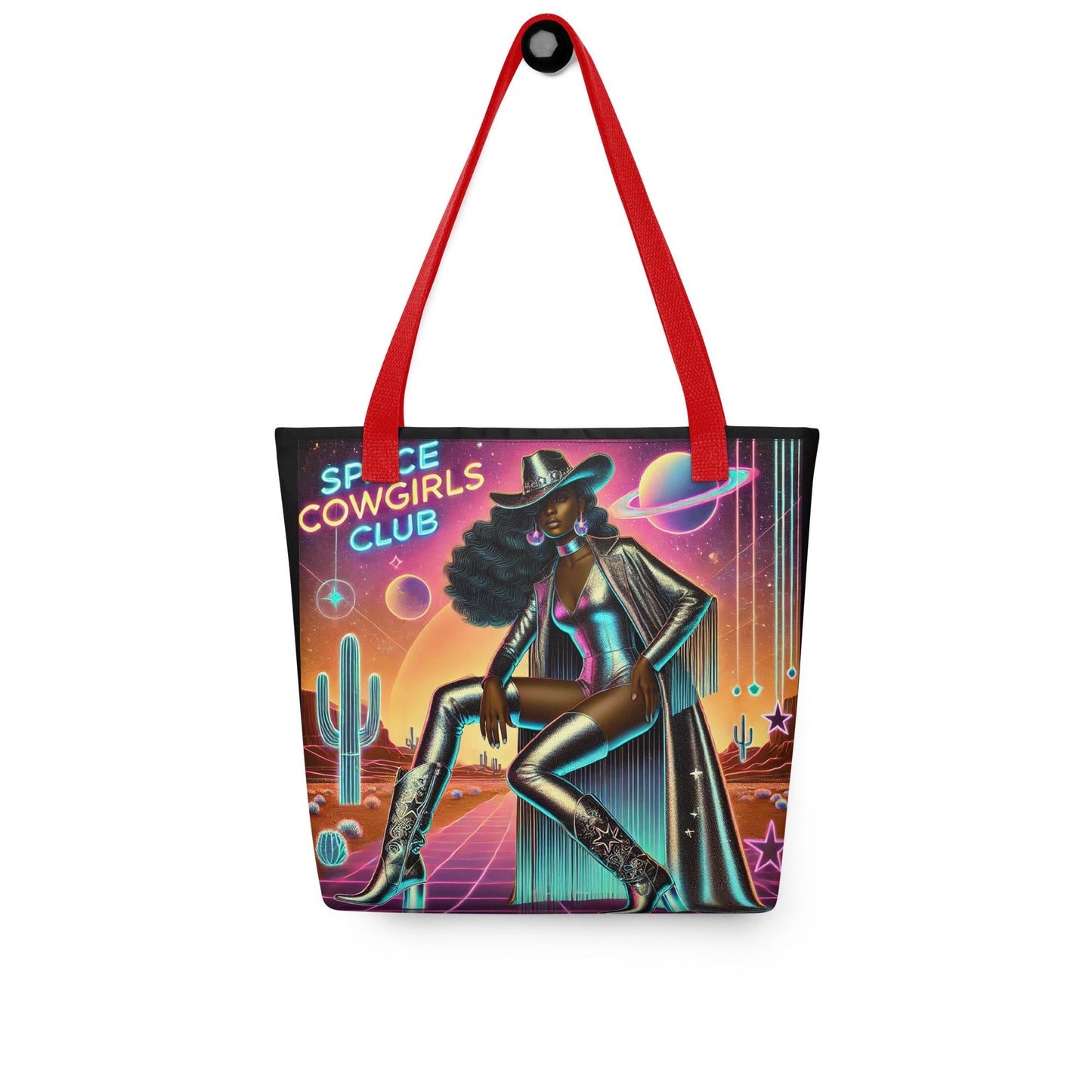 Space Cowgirl Club Tote bag with Beautiful Melanin Cowgirl in Silver | Unique Black Girl Cosmic Cowgirl Bag | Cowgirl Themed Gift for Her