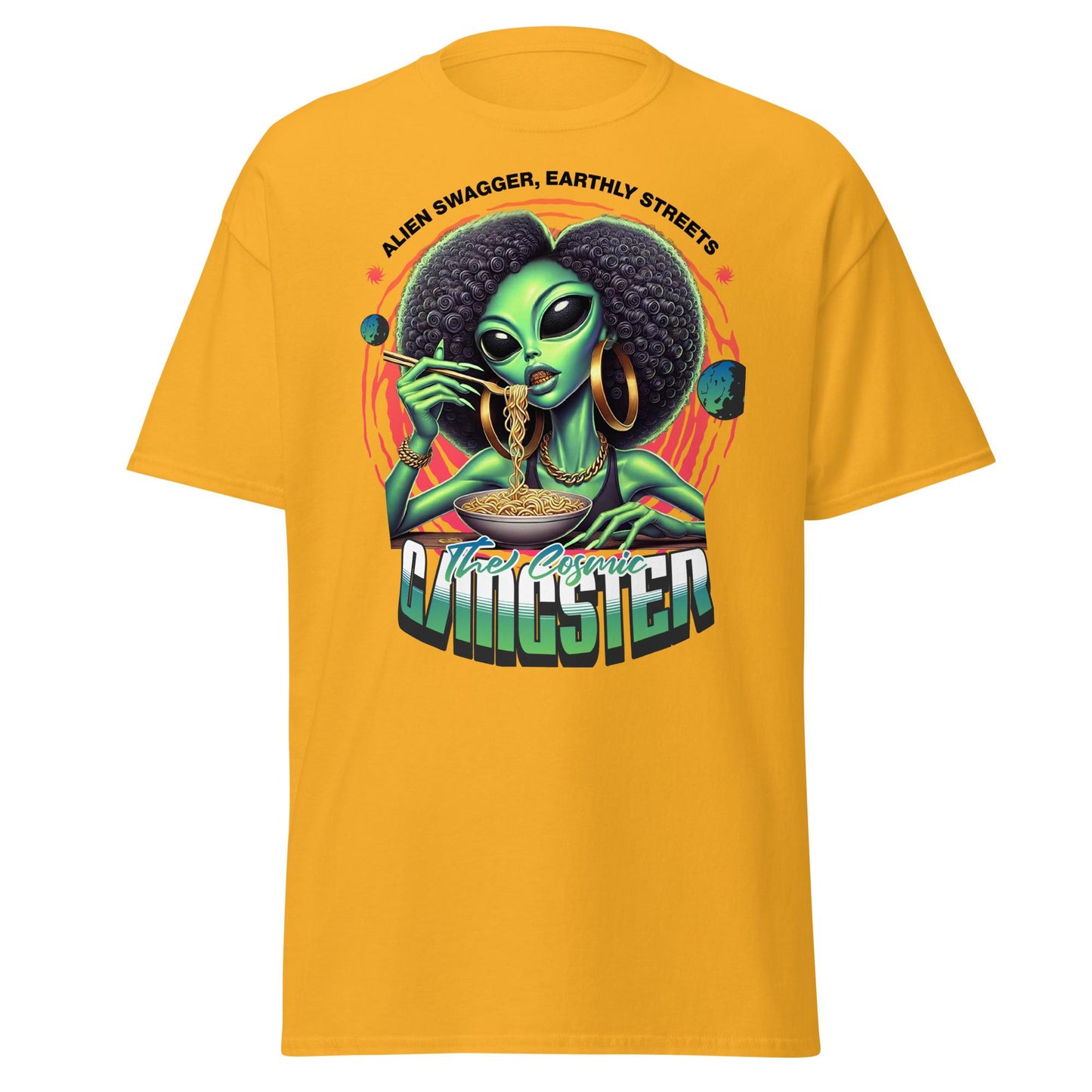Cosmic Gangster Alien Babe Graphic Unisex Tee - Ramen Lover Shirt | Ramen Lover Shirt with Urban Alien Babe Design Unique Gift for Her