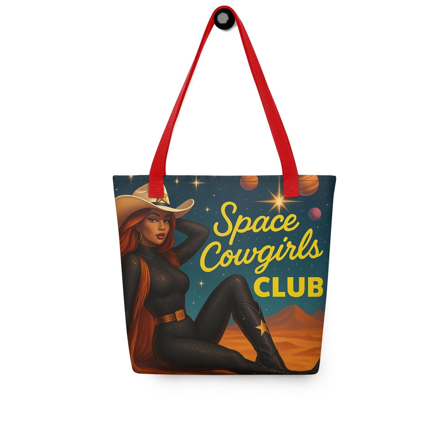 Space Cowgirl Tote Bag| Brown Skinned Girl Western Galaxy Print Bag | Retro Cowgirl Aesthetic Gift for Her | Sci-Fi Rodeo All Over Print Bag