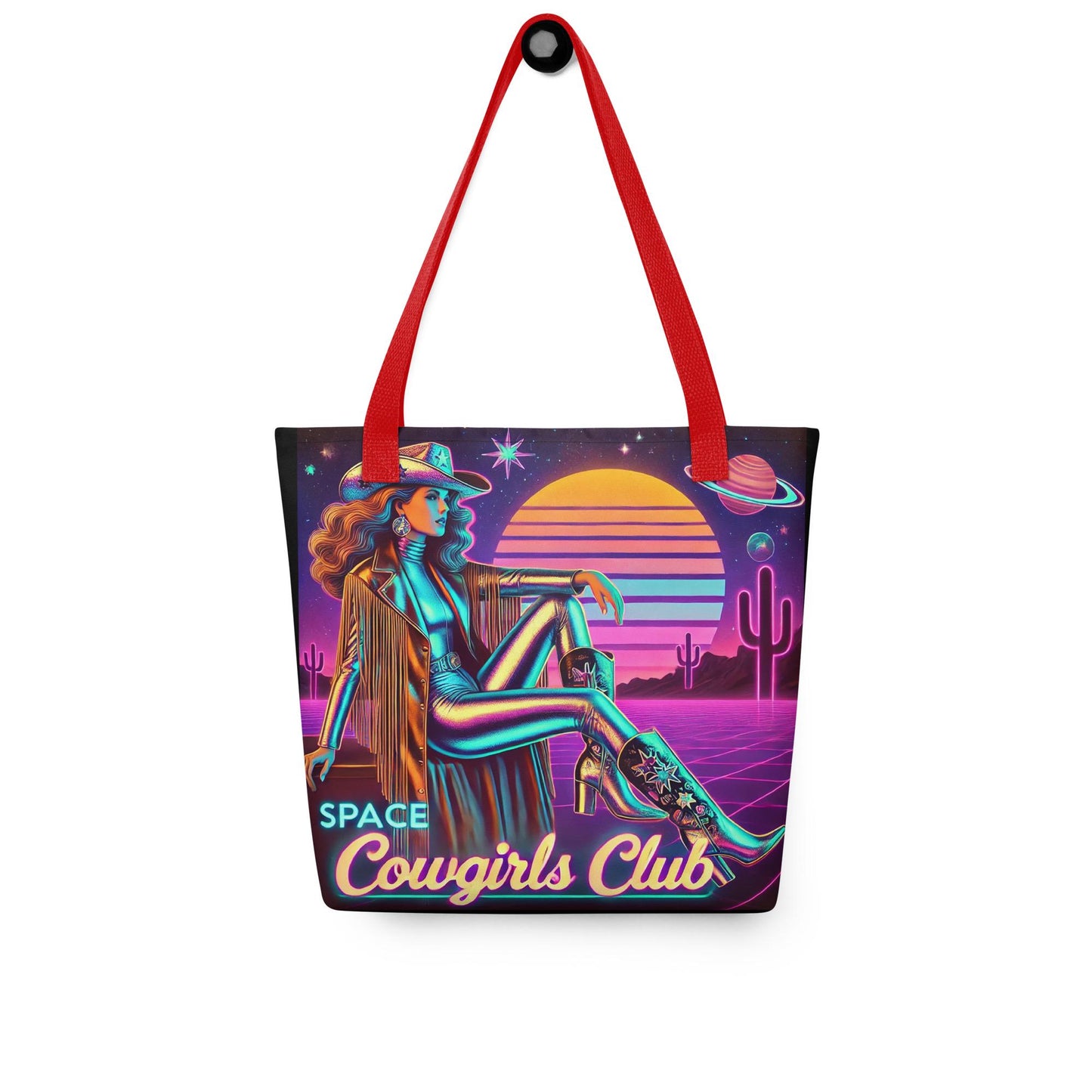 Space Cowgirl Club Tote bag with Stylish Cowgirl in Silver Catsuit | Unique Cosmic Cowgirl Tote | Cowgirl Themed Tote Gift for Her