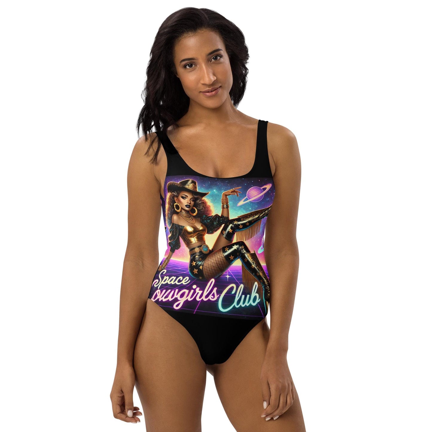 Beautiful Black Space Cowgirl Club One-Piece Swimsuit | Unique Black Girl Design Cosmic Cowgirl Club Unique Swimsuit Great Gift for Her