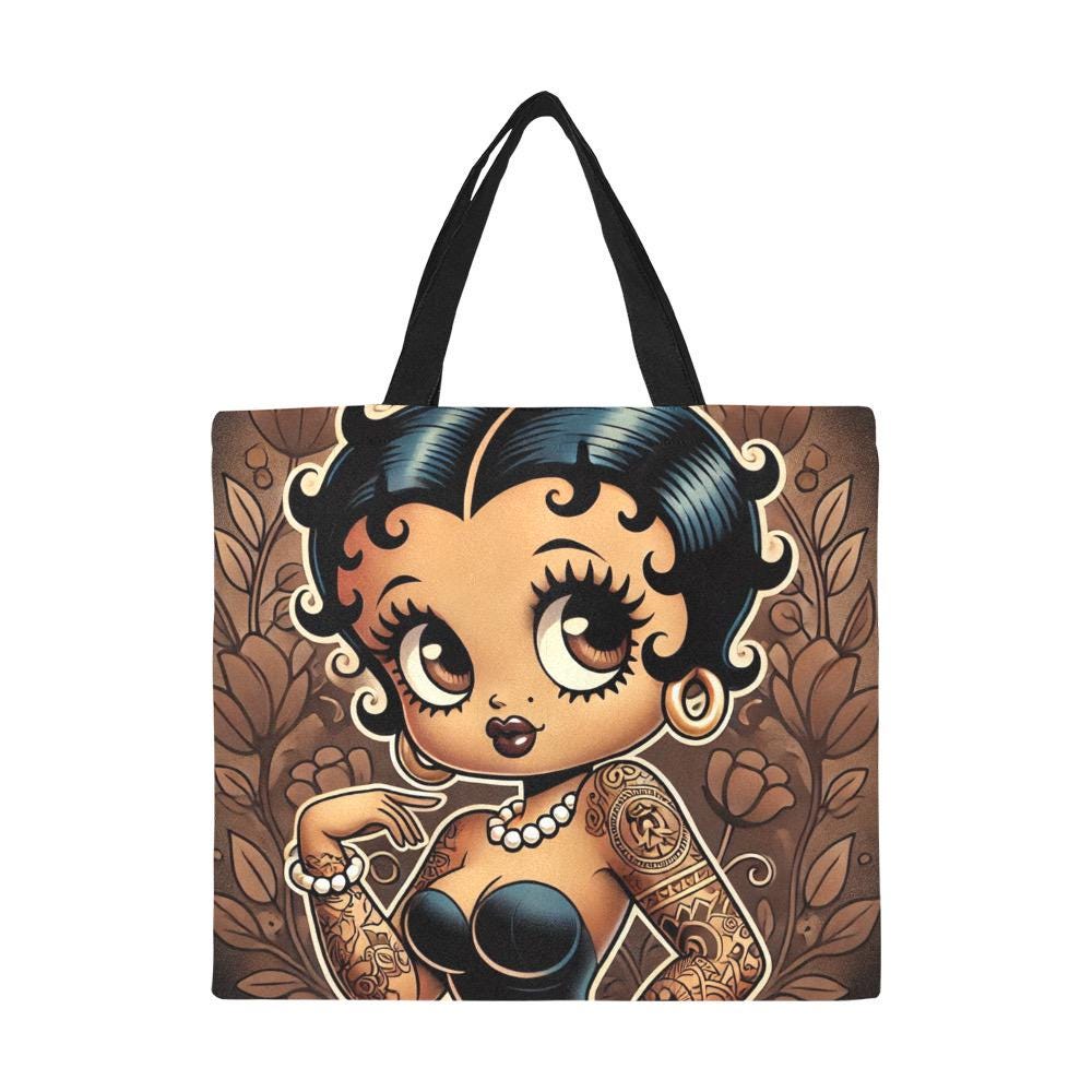 Vintage Earth Tone Black Betty Boop Like Character Tote Bag | Black Betty Boop Bag | Black Betty Boop Gift | All Over Print Canvas Tote Bag
